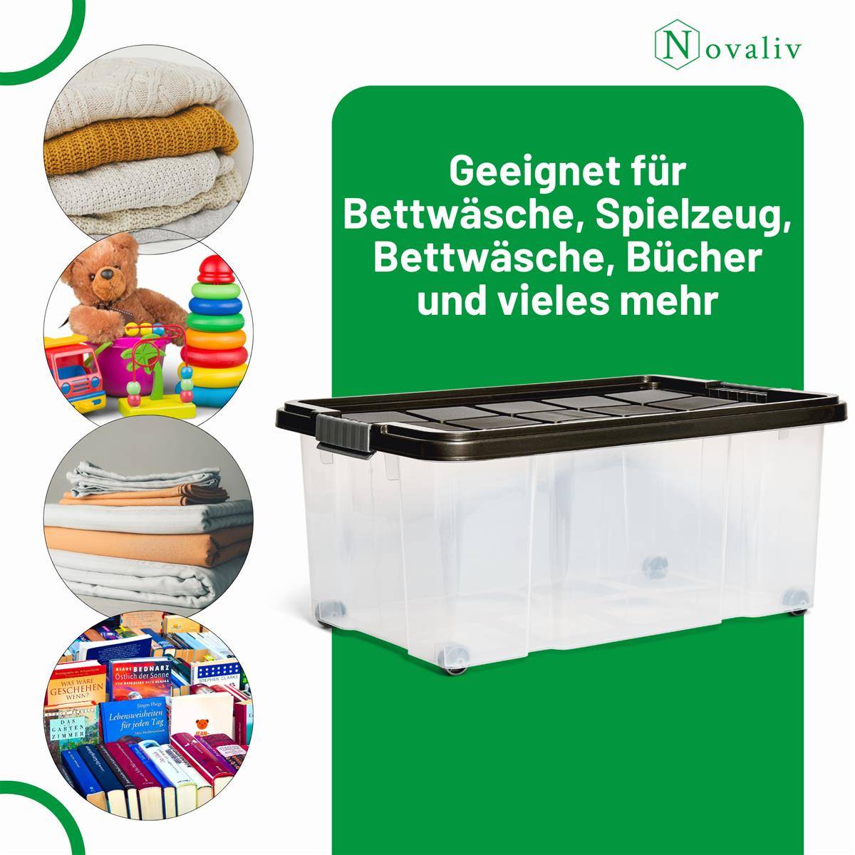 Novaliv 7 tlg Sparset Aufbewahrungsboxen mit Deckel Anthrazit 1x45 L + 2x 15L + 2x 5L + 2x 2L Nestbar stapelbar Clipverschluss Rollboxen BPA-frei
