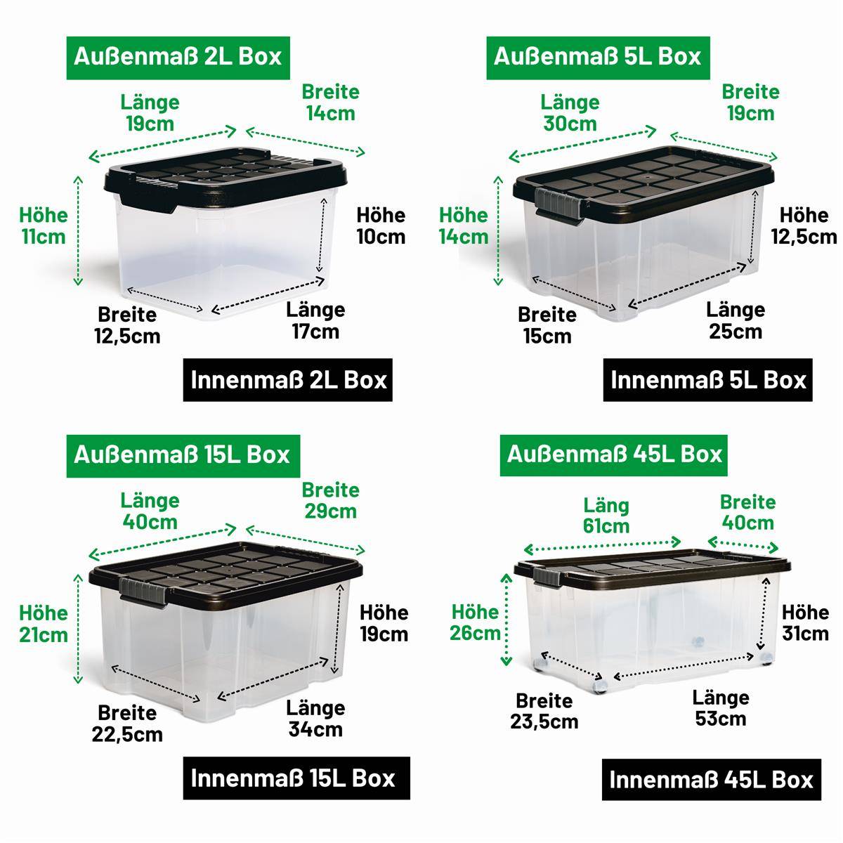 Novaliv 7 tlg Sparset Aufbewahrungsboxen mit Deckel Anthrazit 1x45 L + 2x 15L + 2x 5L + 2x 2L Nestbar stapelbar Clipverschluss Rollboxen BPA-frei