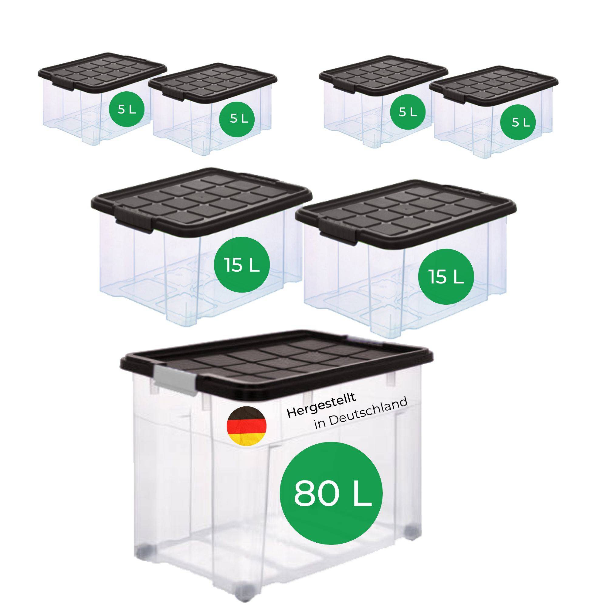 Novaliv 7 tlg Sparset Aufbewahrungsboxen mit Deckel Anthrazit 1x80 L + 2x 15L + 4x 5L Nestbar stapelbar Clipverschluss Rollboxen BPA-frei