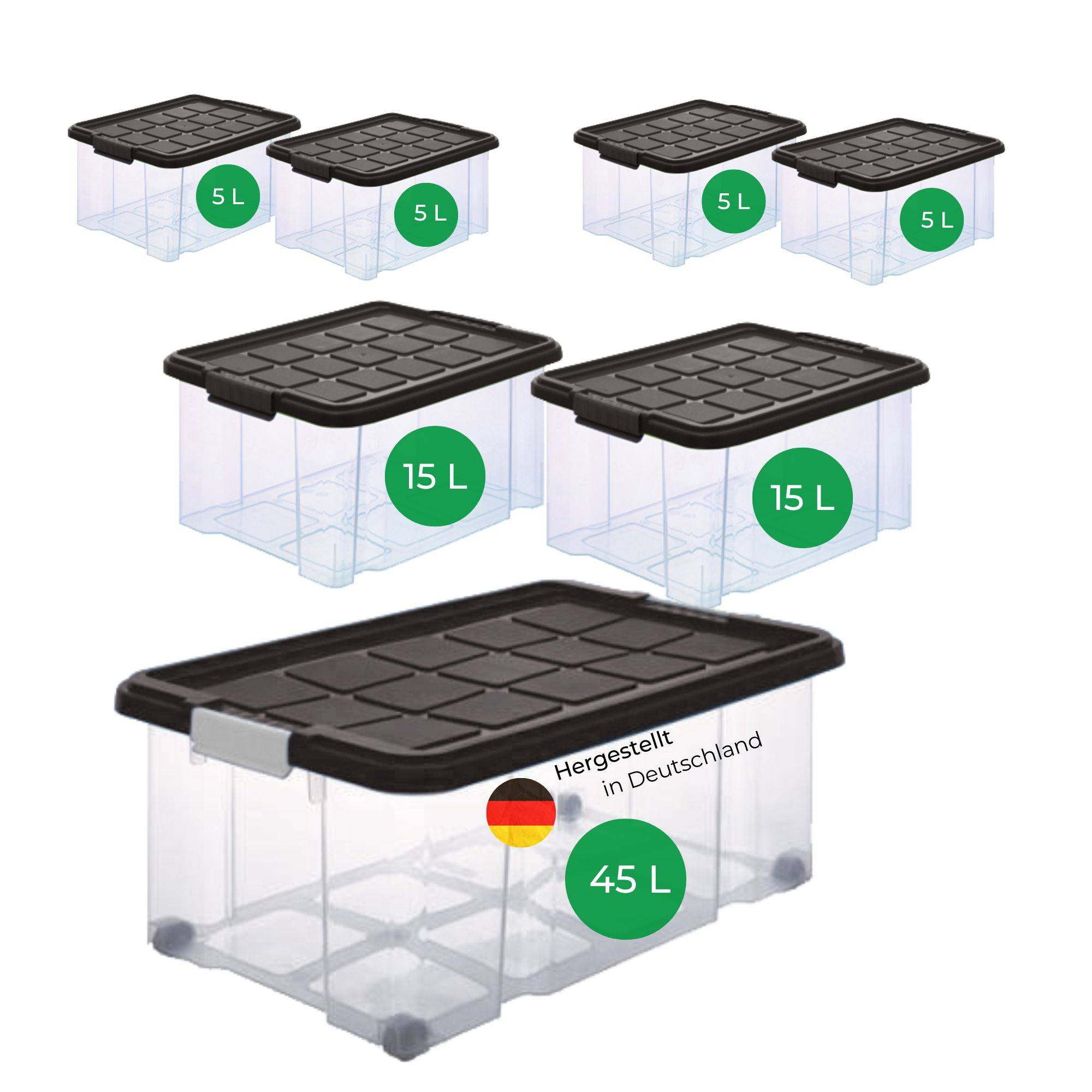 Novaliv 7 tlg Sparset Aufbewahrungsboxen mit Deckel Anthrazit 1x45 L + 2x 15L + 4x 5L Nestbar stapelbar Clipverschluss Rollboxen BPA-frei