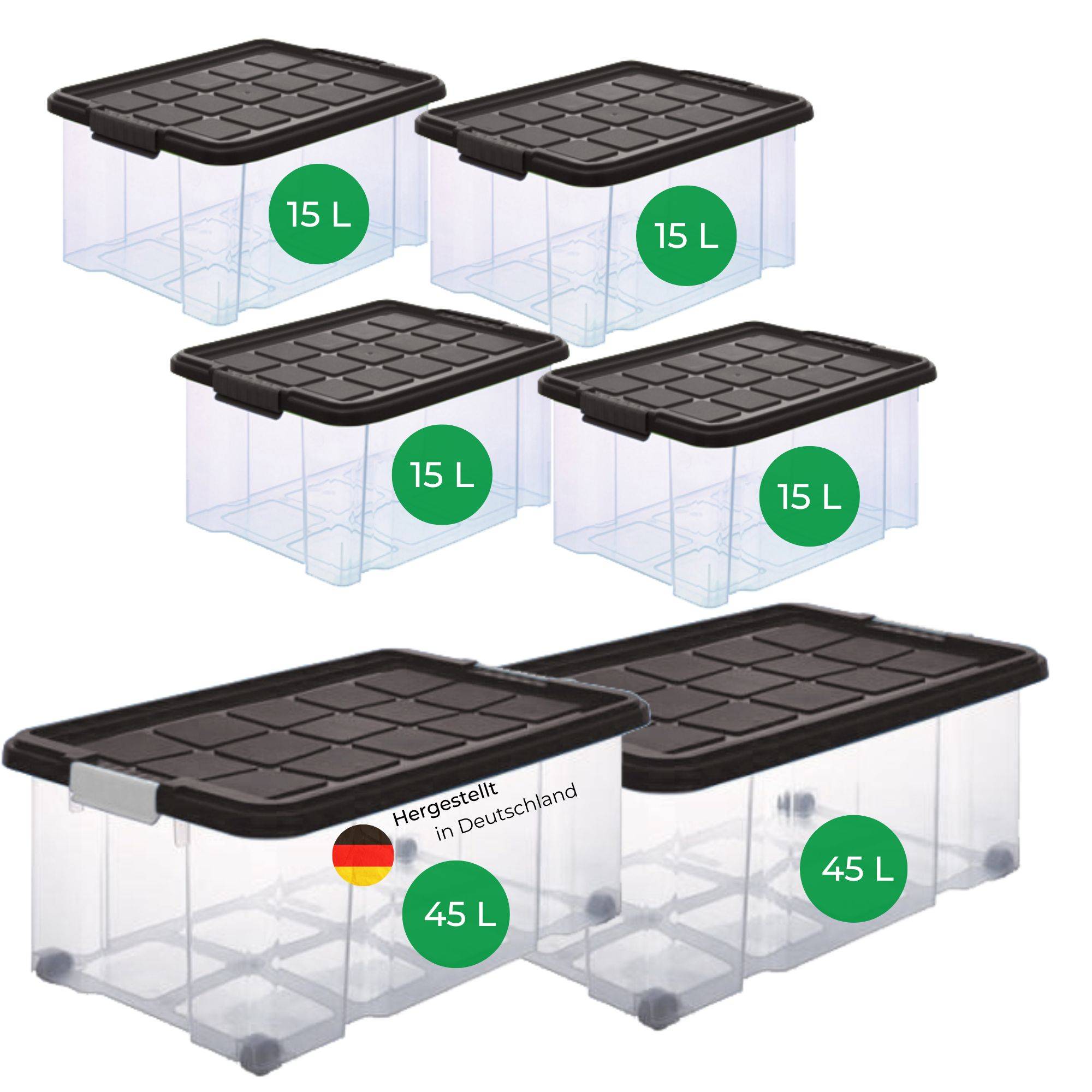 Novaliv 6 tlg Sparset Aufbewahrungsboxen mit Deckel Anthrazit 2x45 L + 4x 15L Nestbar stapelbar Clipverschluss Rollboxen BPA-frei