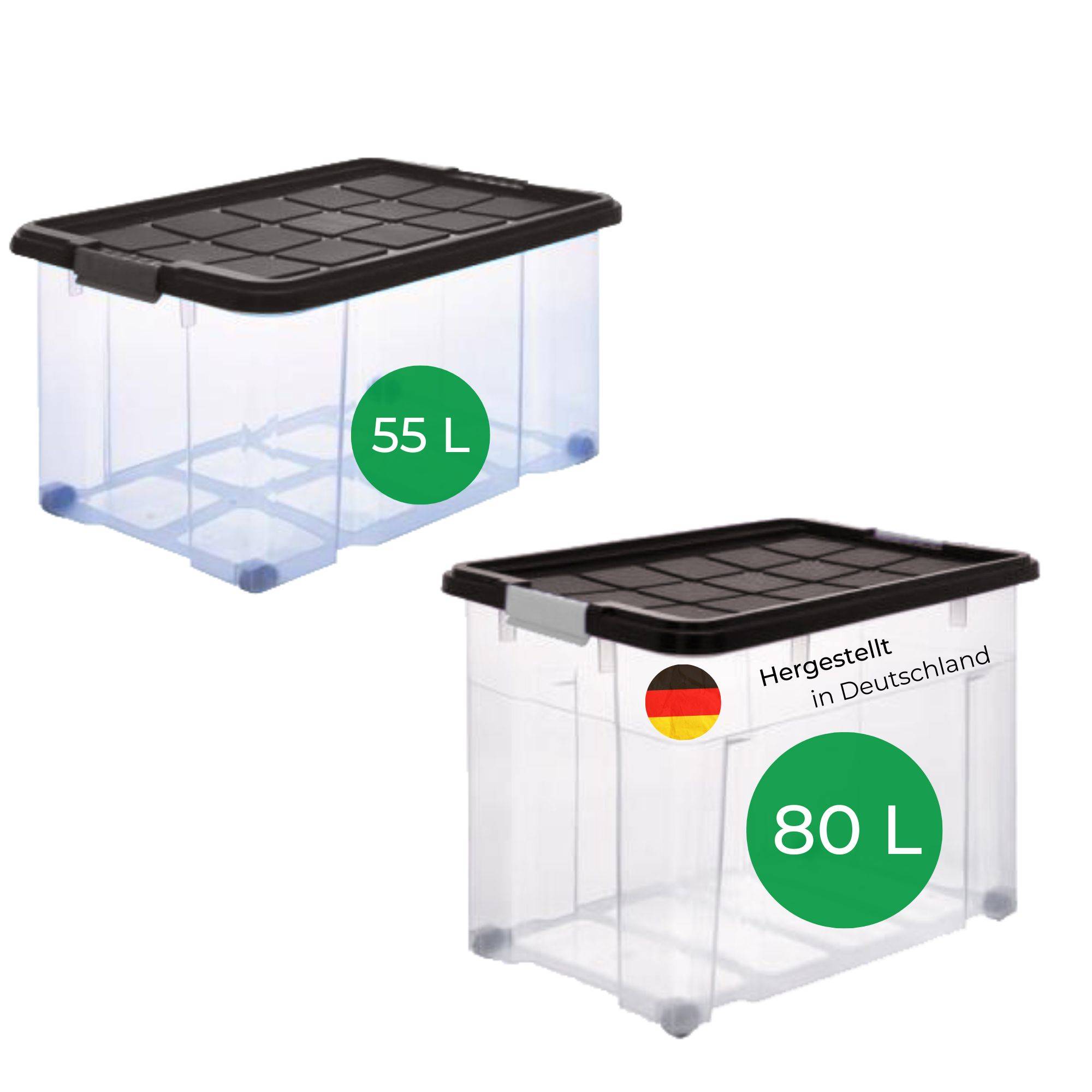 Novaliv 2 tlg Sparset Aufbewahrungsboxen mit Deckel Anthrazit 1x80 L + 1x 55L Nestbar stapelbar Clipverschluss Rollboxen BPA-frei