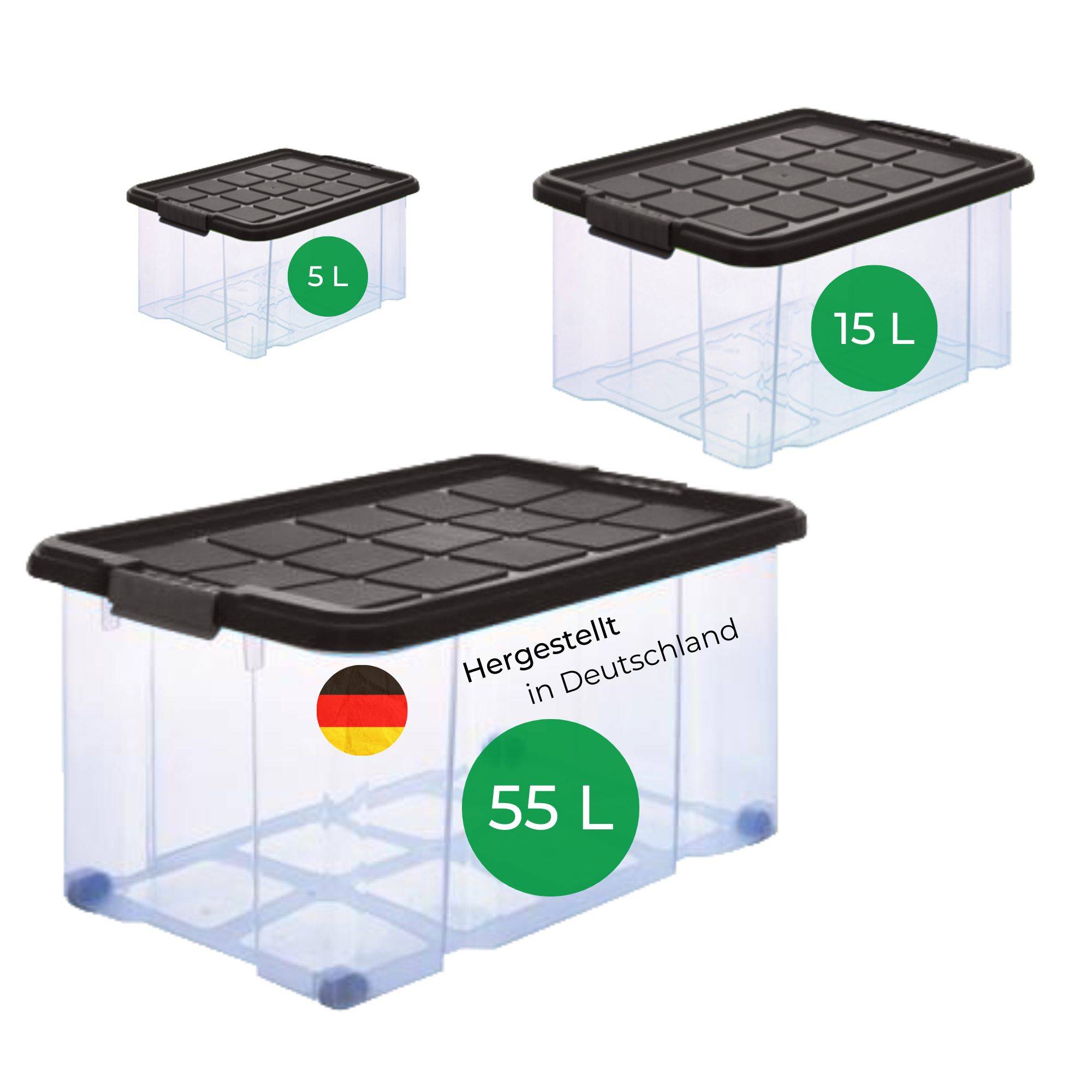 Novaliv 3 tlg Sparset Aufbewahrungsbox mit Deckel Anthrazit 1x 55 L + 1x 15 L + 1x 5 L Nestbar stapelbar Clipverschluss Rollboxen BPA-frei