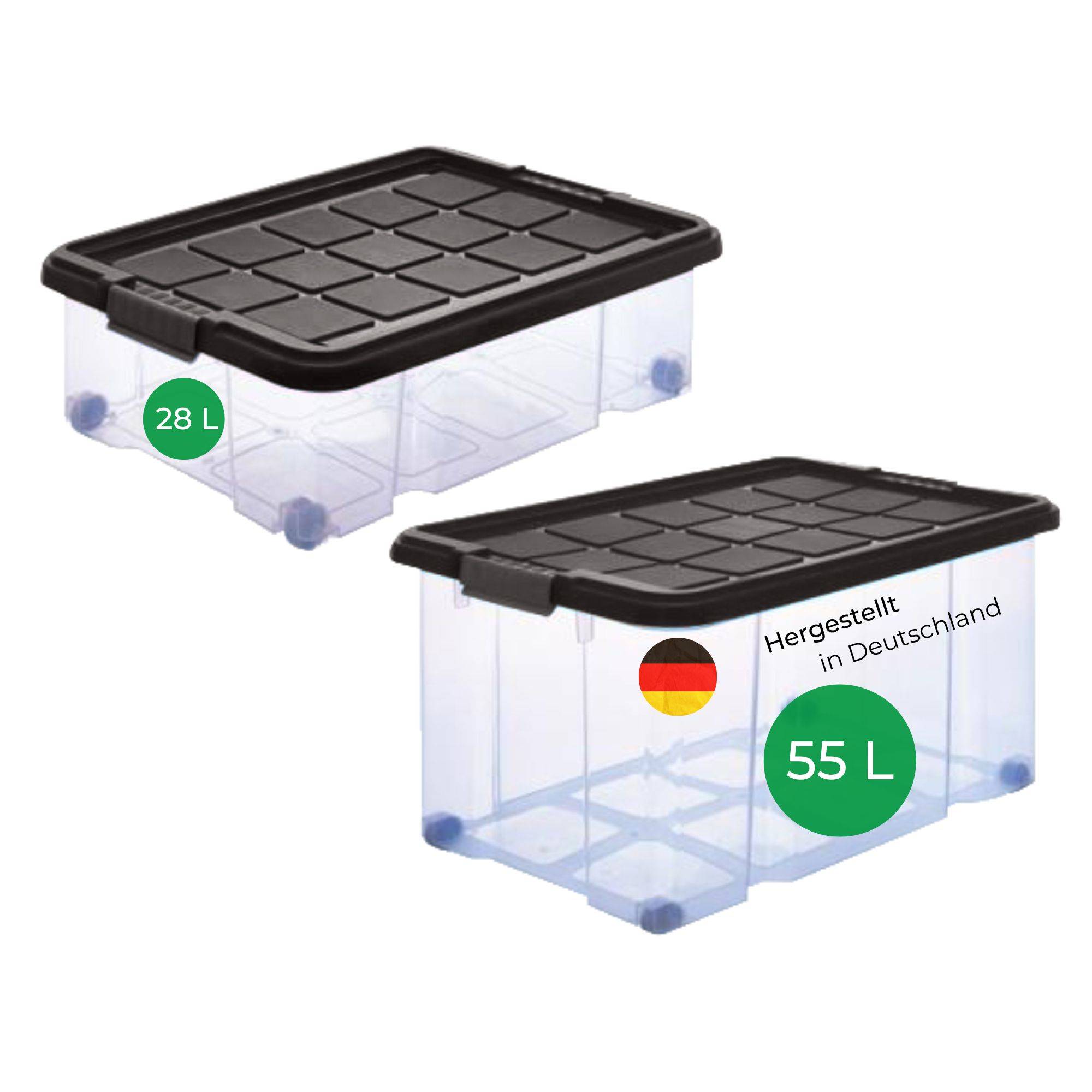 Novaliv 2 tlg Sparset Aufbewahrungsbox mit Deckel Anthrazit 1x 55 L + 1x 28 L Nestbar stapelbar Clipverschluss Rollboxen BPA-frei