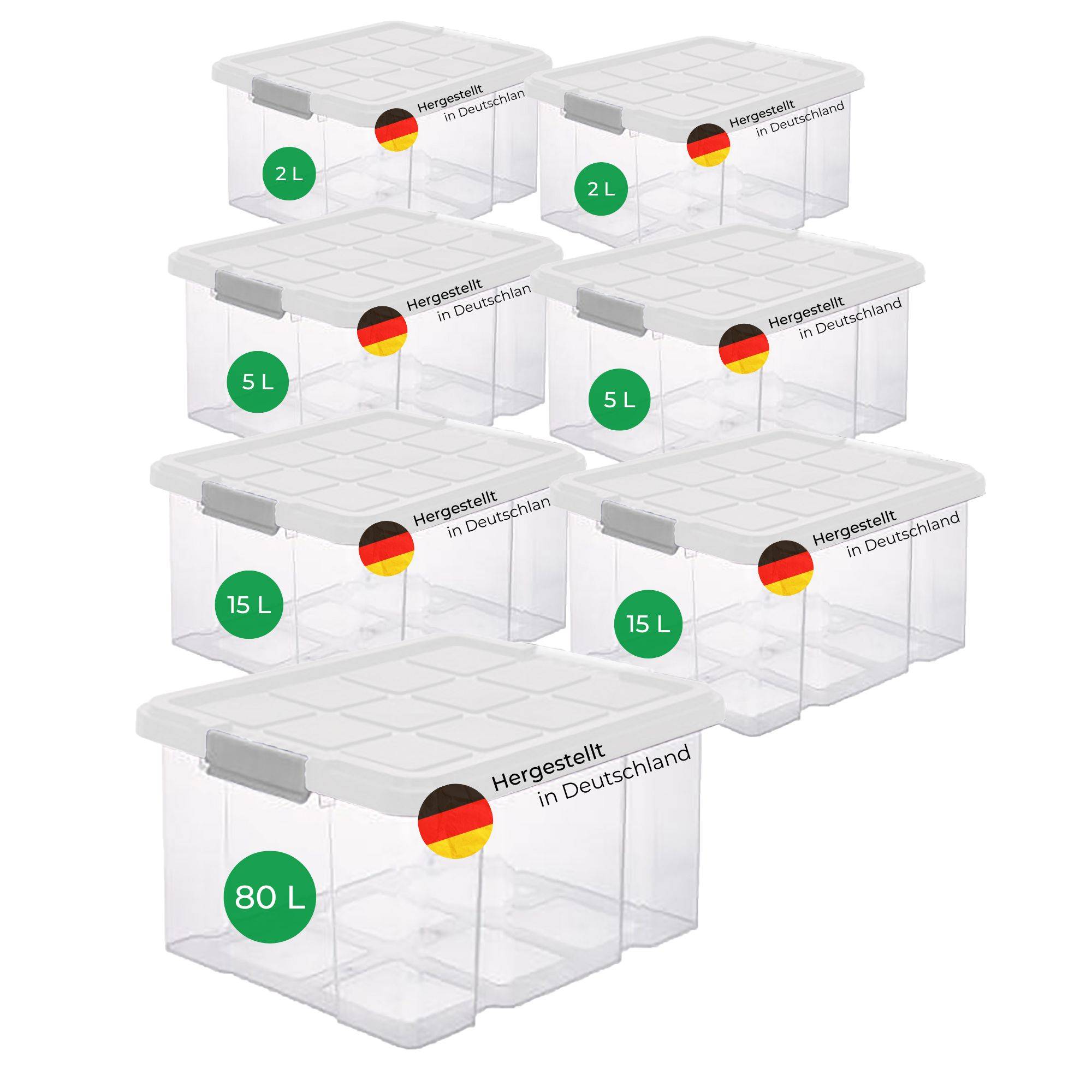 Novaliv 7 tlg Sparset Aufbewahrungsboxen mit Deckel Transparent 1x80L + 2x 15L + 2x 5L + 2x 2L Nestbar stapelbar Clipverschluss Rollboxen BPA-frei