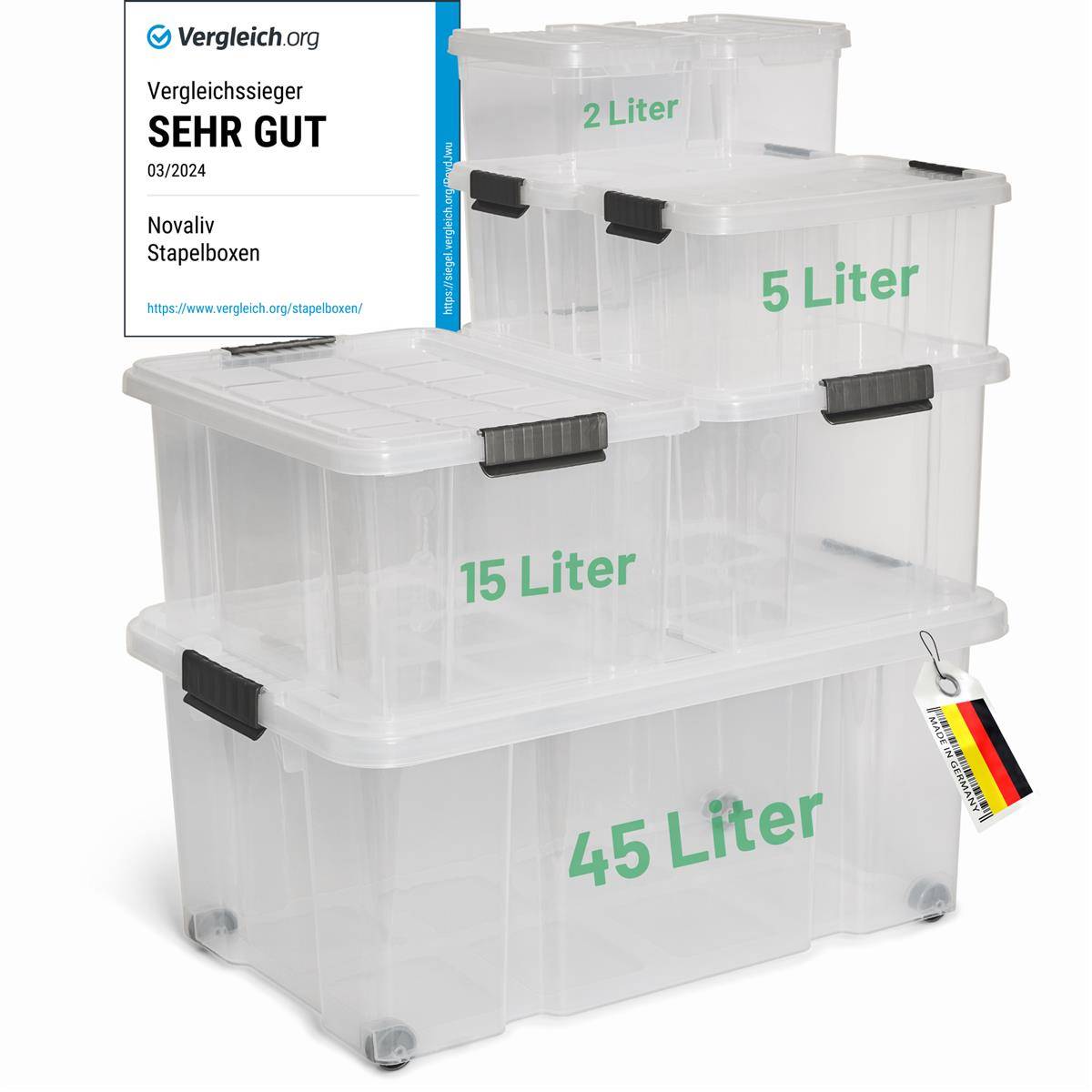 Novaliv 7 tlg Sparset Aufbewahrungsboxen mit Deckel Transparent 1x45L + 2x 15L + 2x 5L + 2x 2L Nestbar stapelbar Clipverschluss Rollboxen BPA-frei