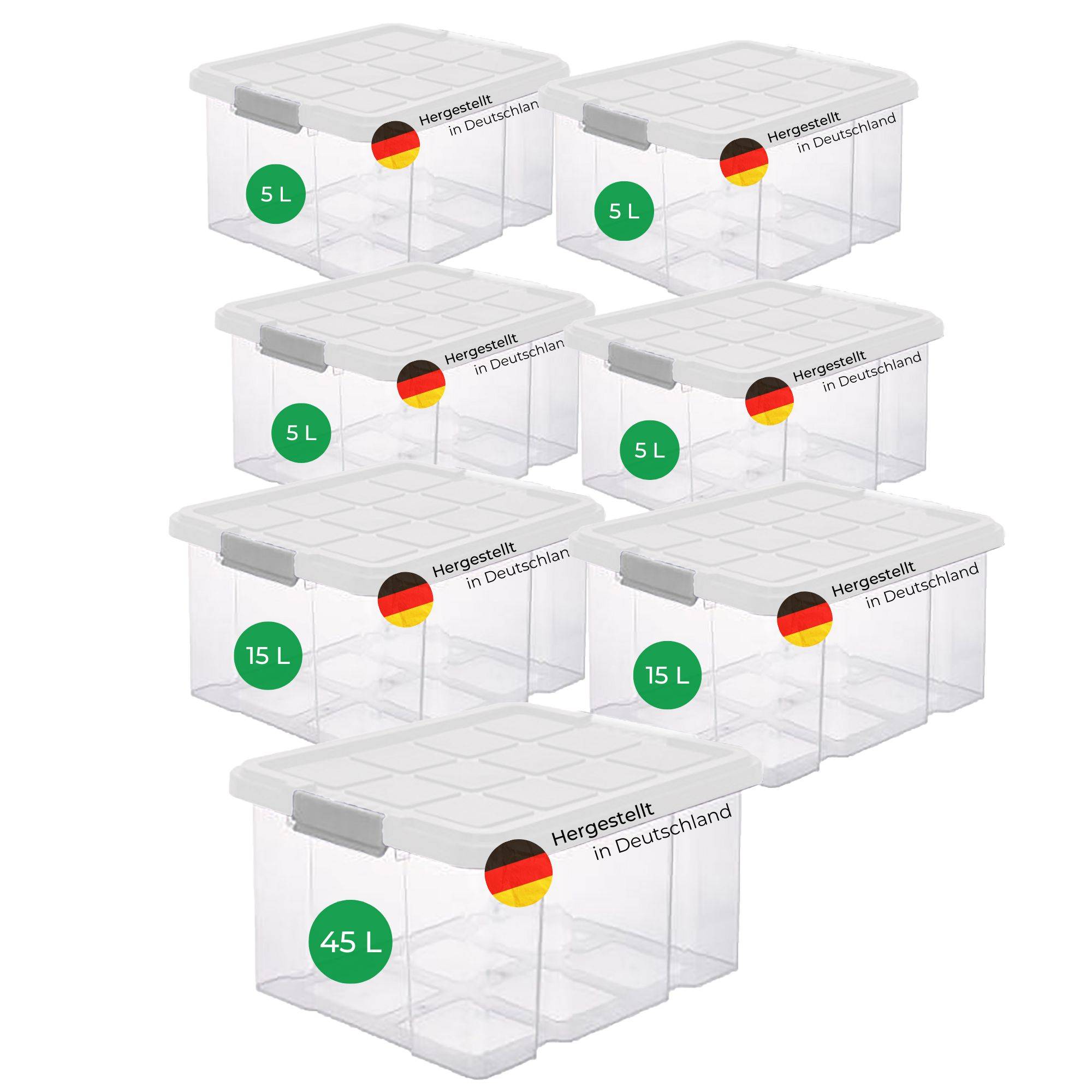 Novaliv 7 tlg Sparset Aufbewahrungsboxen mit Deckel Transparent 1x45 L + 2x 15L + 4x 5L Nestbar stapelbar Clipverschluss Rollboxen BPA-frei