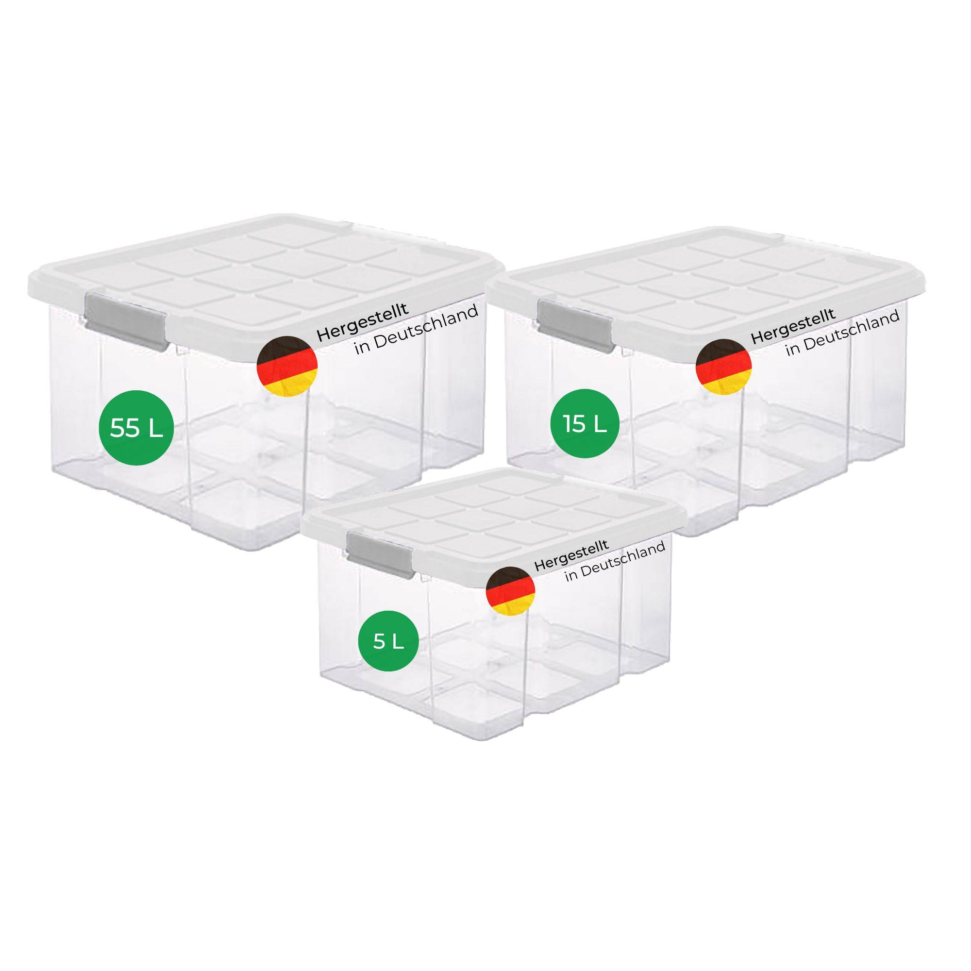 Novaliv 3 tlg Sparset Aufbewahrungsbox mit Deckel Transparent 1x 55 L + 1x 15 L + 1x 5 L Nestbar stapelbar Clipverschluss Rollboxen BPA-frei