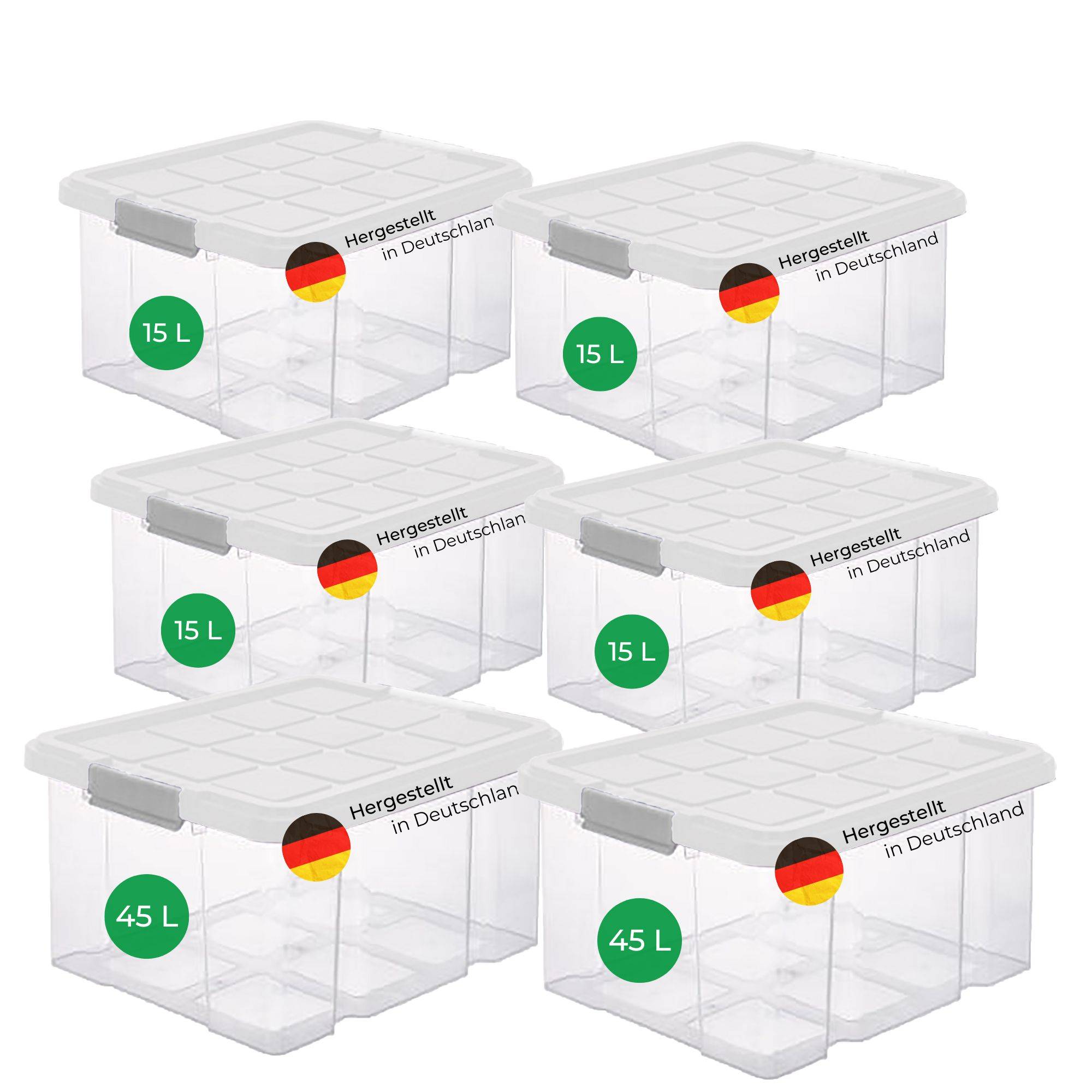 Novaliv 6 tlg Sparset Aufbewahrungsboxen mit Deckel Transparent 2x45 L + 4x 15L Nestbar stapelbar Clipverschluss Rollboxen BPA-frei