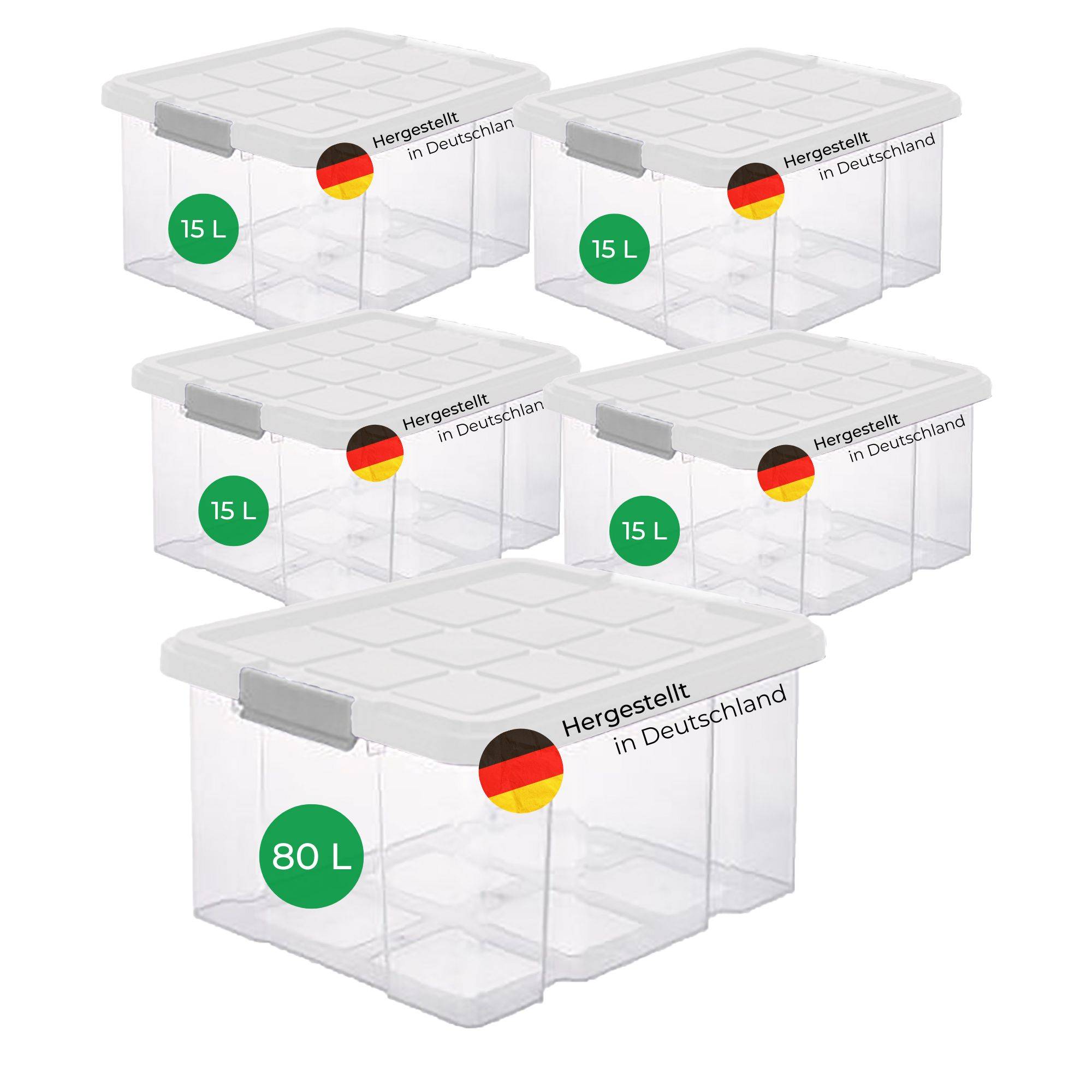 Novaliv 5 tlg Sparset Aufbewahrungsboxen mit Deckel Transparent 1x80 L + 4x 15L Nestbar stapelbar Clipverschluss Rollboxen BPA-frei