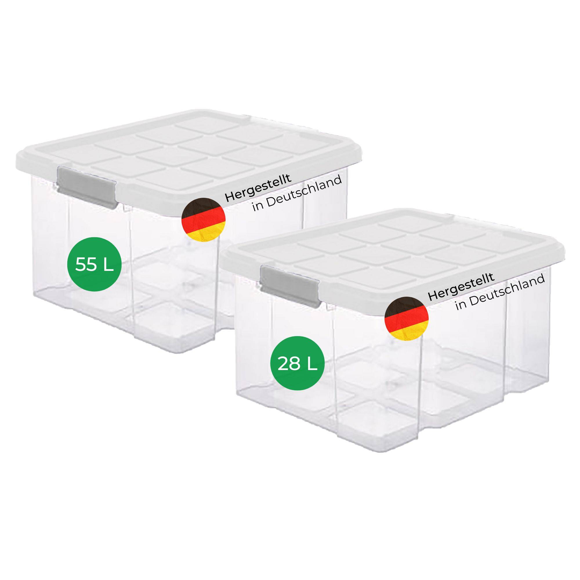 Novaliv 2 tlg Sparset Aufbewahrungsbox mit Deckel Transparent 1x 55 L + 1x 28 L Nestbar stapelbar Clipverschluss Rollboxen BPA-frei
