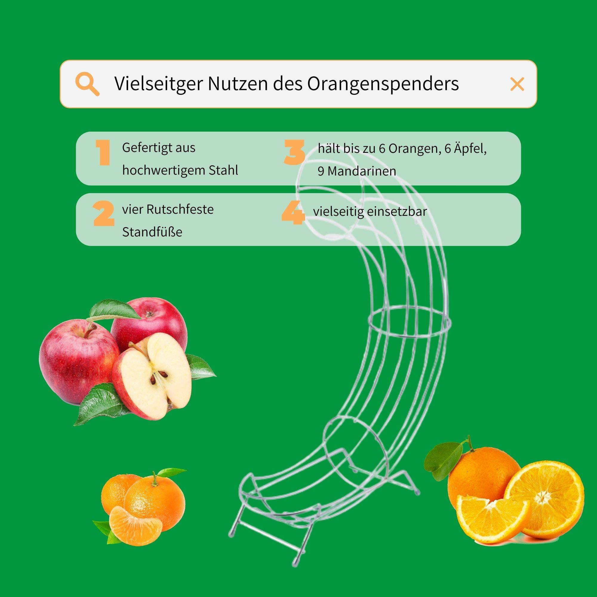 Novaliv 1x Orangenhalter Orangenspender 9x44x32cm aus verchromtem Stahl stilvoll und robust perfekte Alternative für Obstschale Obstspender