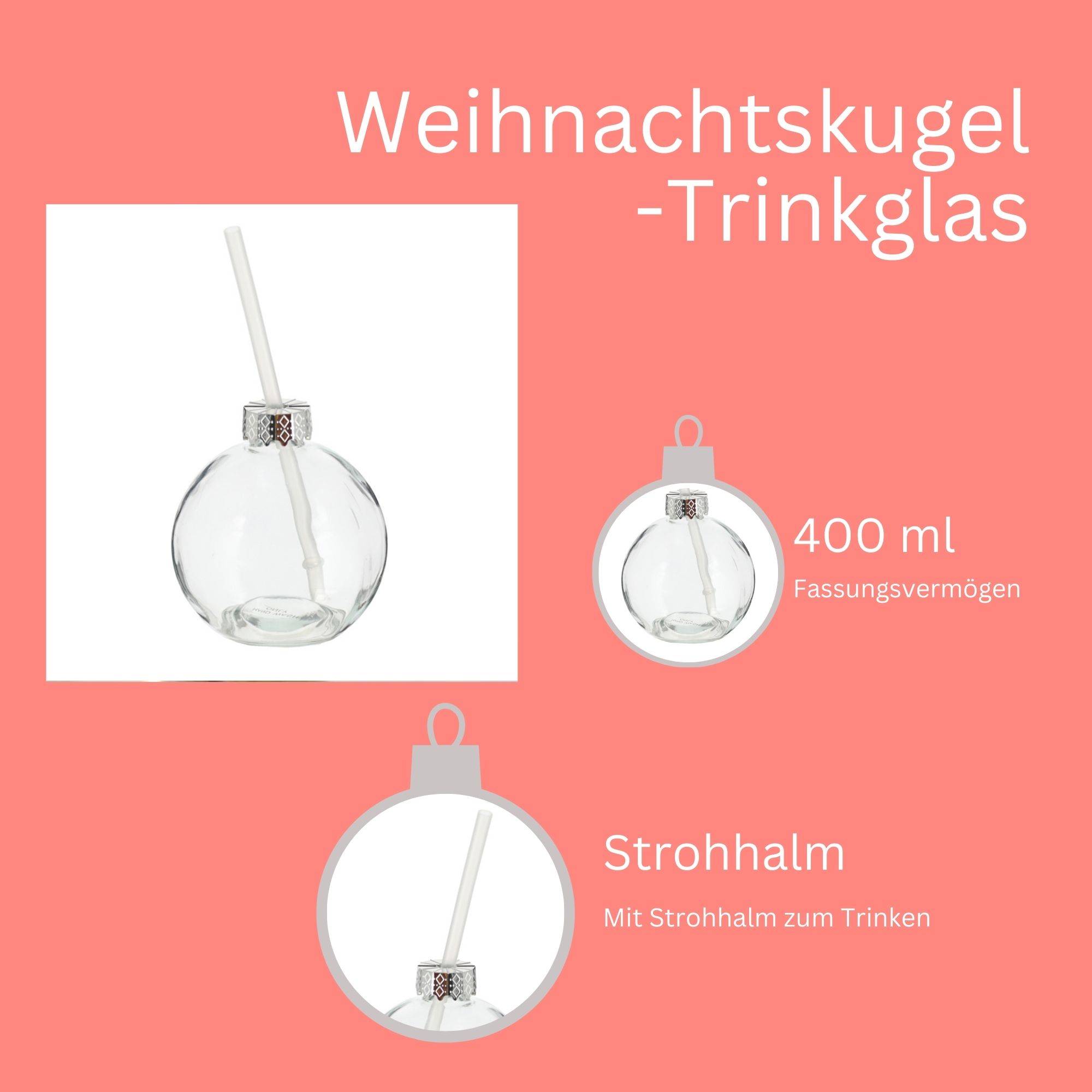 Novaliv 12x Tassen Glühwein 400 ml Personalisierte Weihnachtstasse mit Trinkhalm - Weihnachtskugel als Glühweinbecher - Christbaumkugel Motiv Tasse