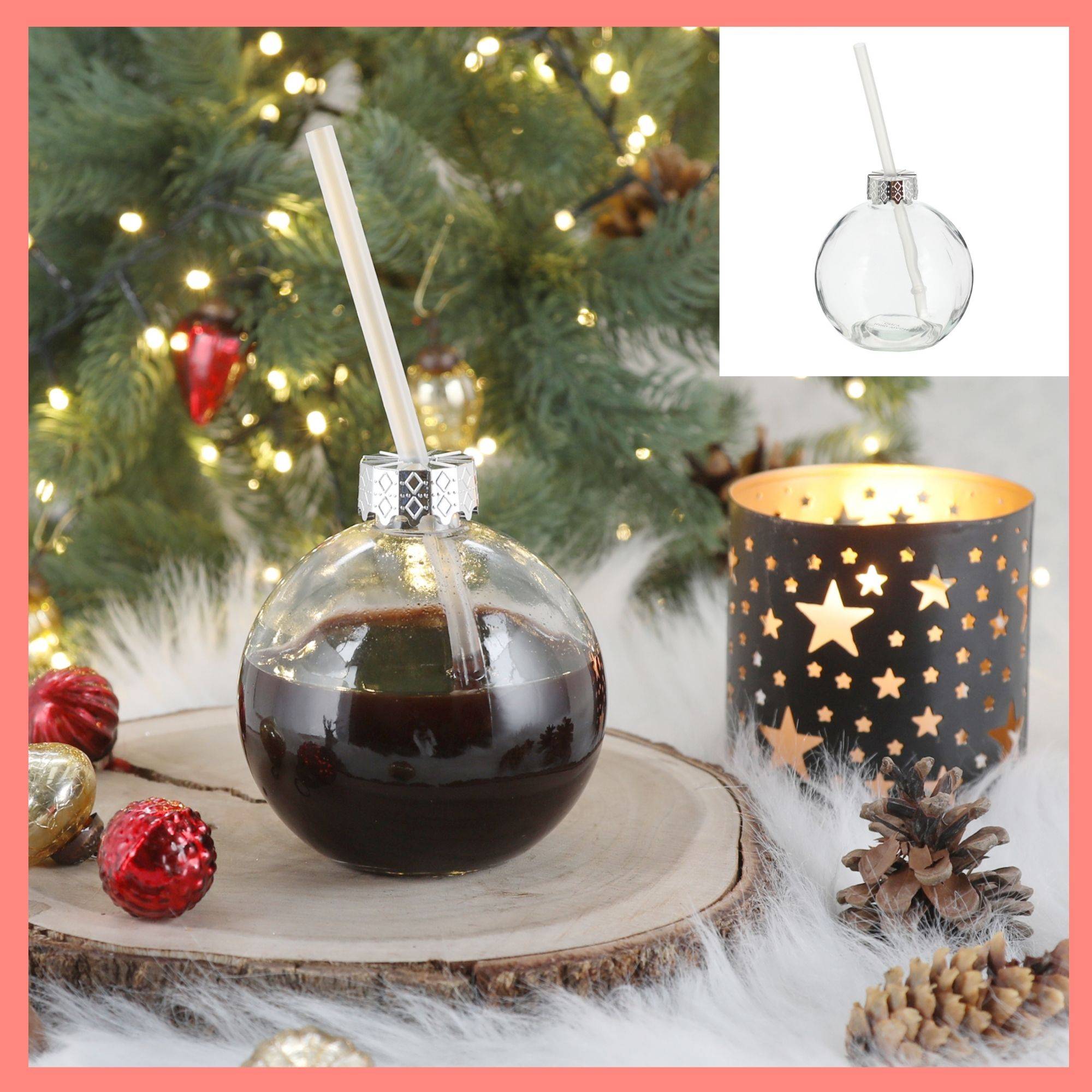 Novaliv 12x Tassen Glühwein 400 ml Personalisierte Weihnachtstasse mit Trinkhalm - Weihnachtskugel als Glühweinbecher - Christbaumkugel Motiv Tasse