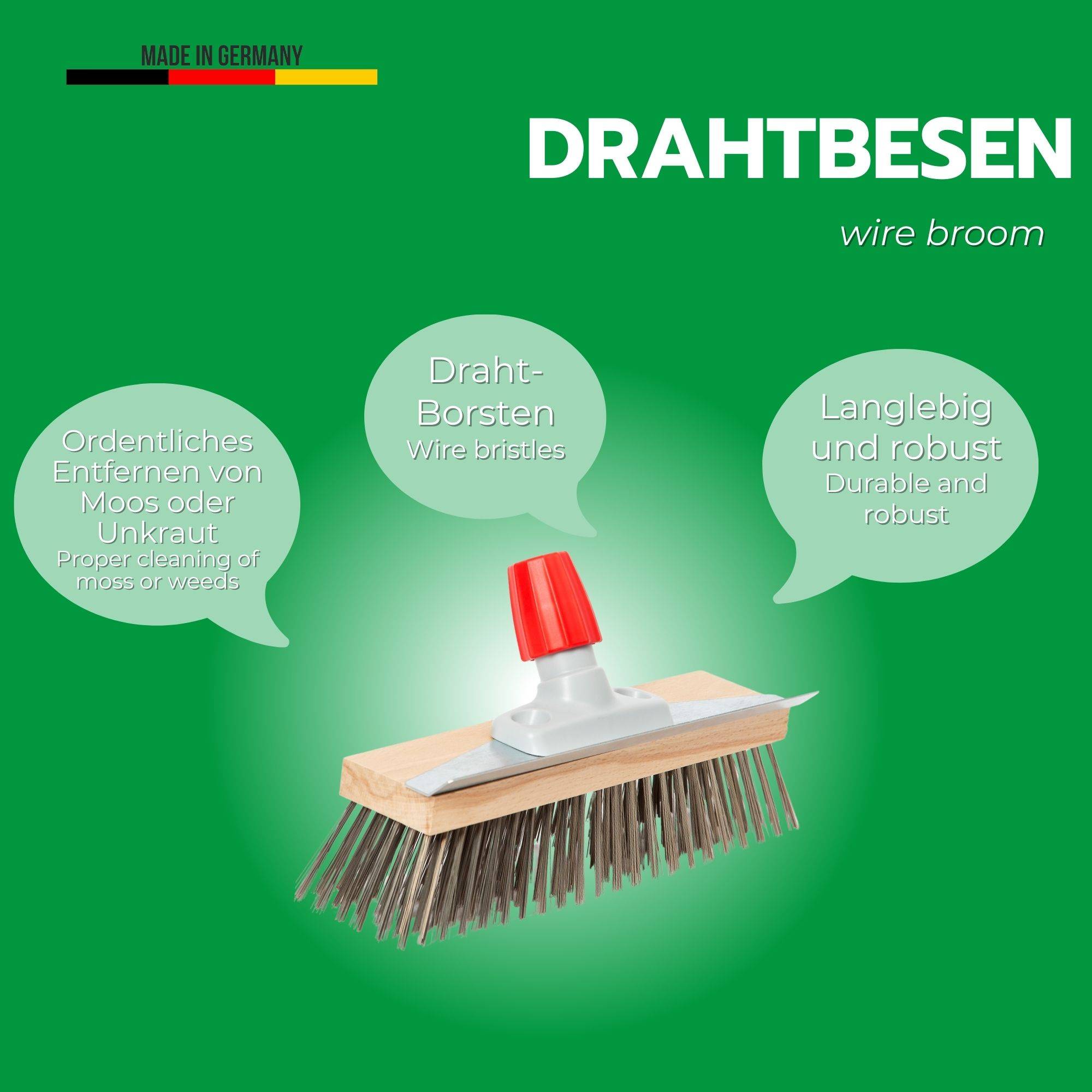 Novaliv 2x Robuster Drahtbürste mit Stiel – Stahlbesen mit 4-tlg Stiel, Effiziente Moosentfernung, Straßenbesen, für Pflastersteine & Garten, Sta