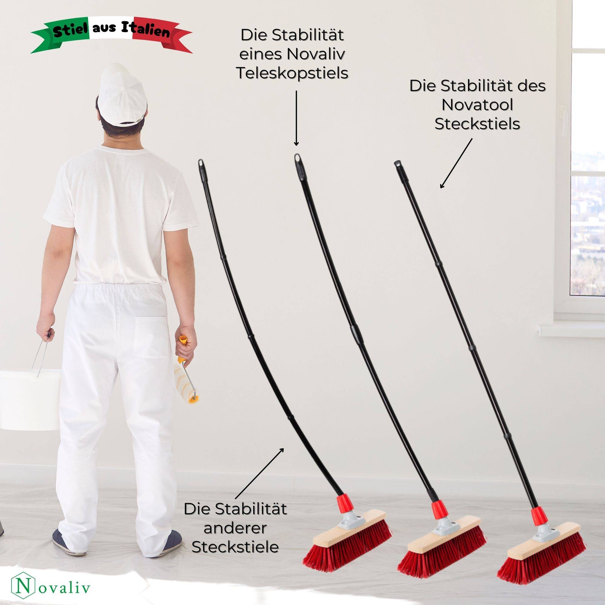 Novaliv Robuster Drahtbesen mit Stiel – Stahlbesen mit 4-tlg Stiel, Effiziente Moosentfernung, Drahtbürste, für Pflastersteine & Garten, Stahldrah