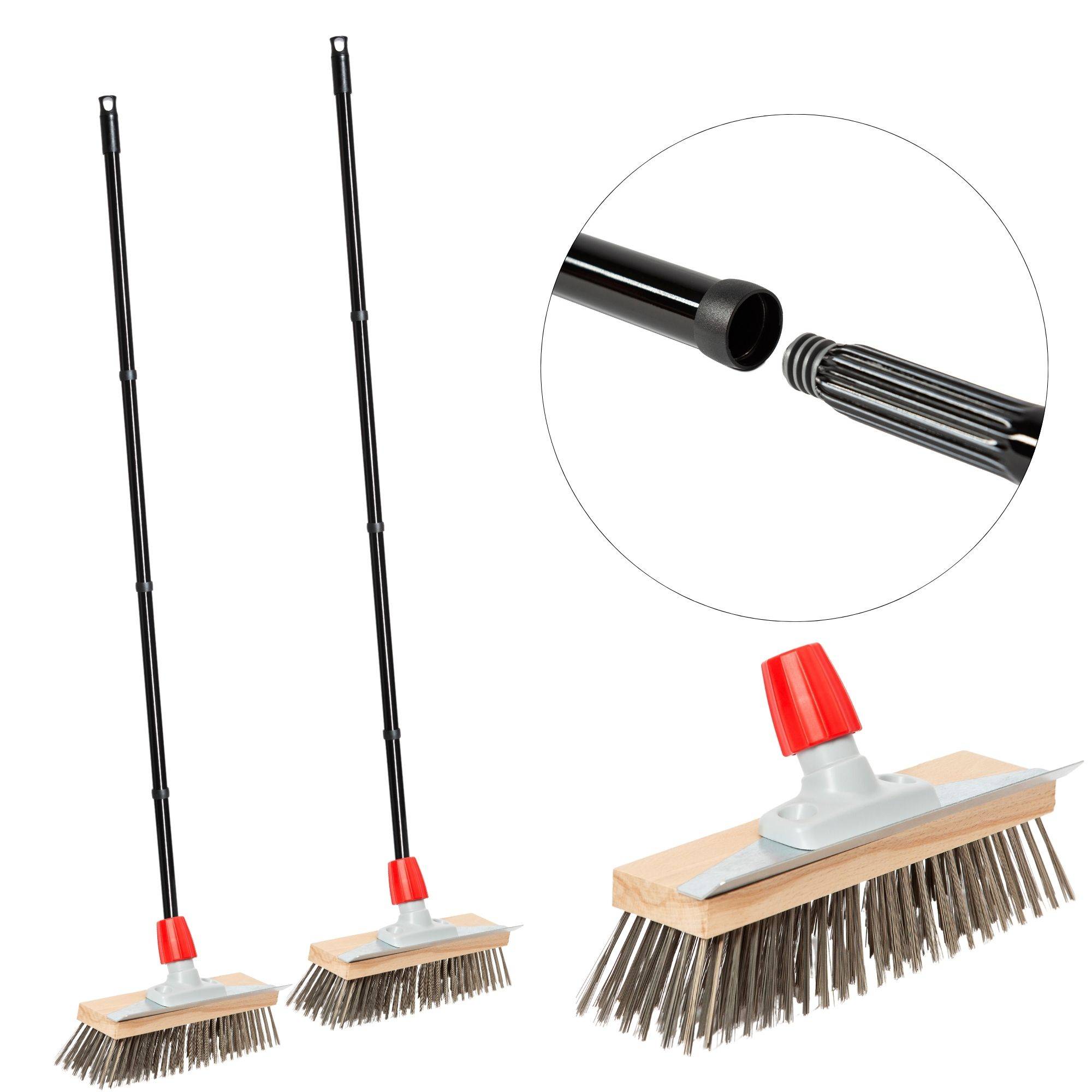 Novaliv 2x Robuster Drahtbürste mit Stiel – Stahlbesen mit 4-tlg Stiel, Effiziente Moosentfernung, Straßenbesen, für Pflastersteine & Garten, Sta