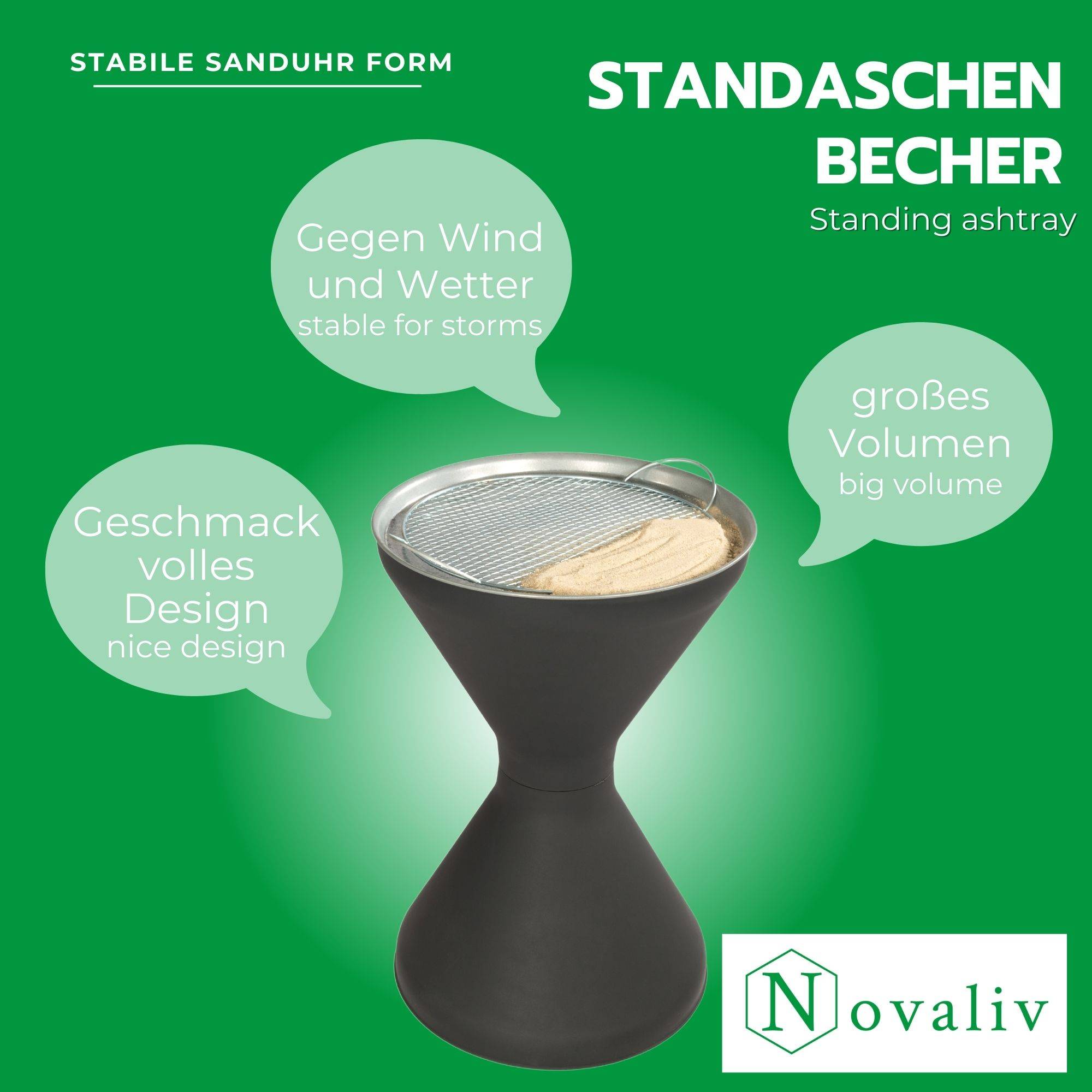 Novaliv Standaschenbecher für draußen 60cm hoch 40cm Ø inklusive 1x Beutel Sand Standaschenbecher outdoor Aschenbecher für draussen stehend verzin