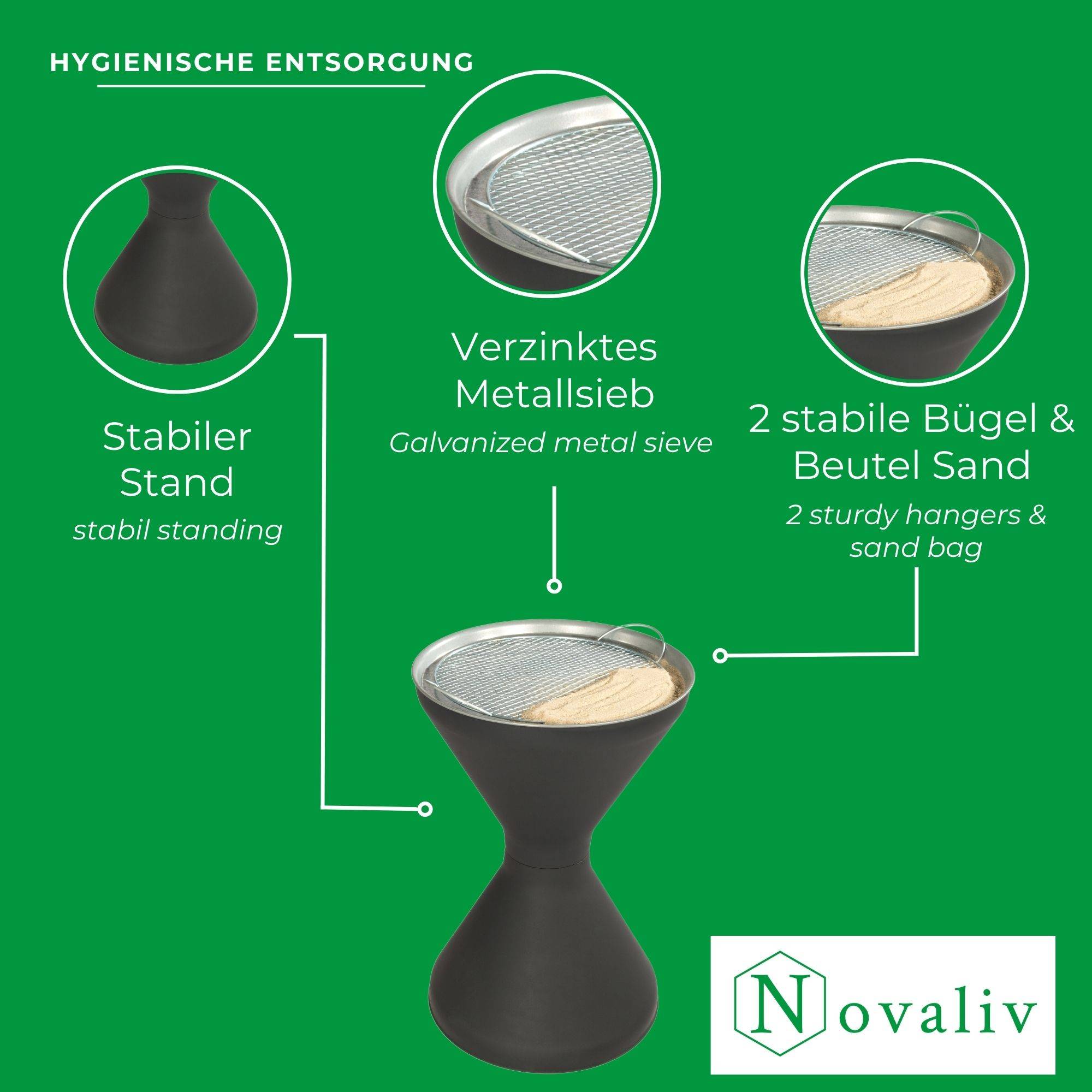Novaliv 3x Standaschenbecher für draußen 60cm hoch 40cm Ø inklusive 3x Beutel Sand Standaschenbecher outdoor Aschenbecher für draussen stehend ver