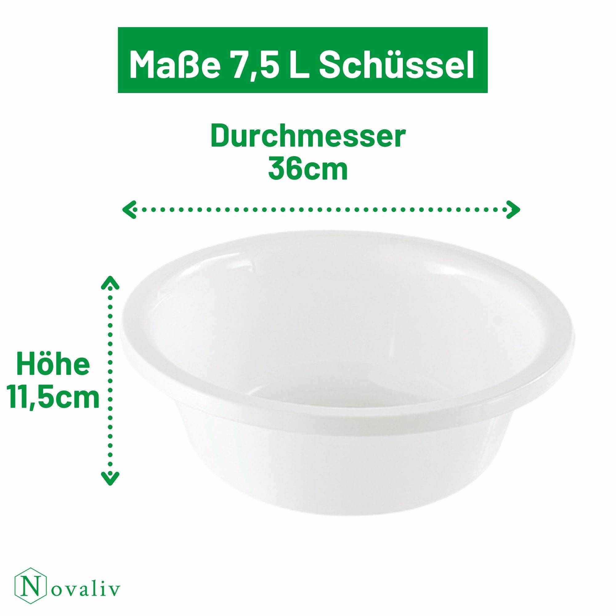 Novaliv Spülschüssel Rund 7,5L, D36 cm, Weiß, BPA-frei & Spülmaschinenfest – Ideal für Küche und Camping, Rundschüssel, Große Plastikschüss