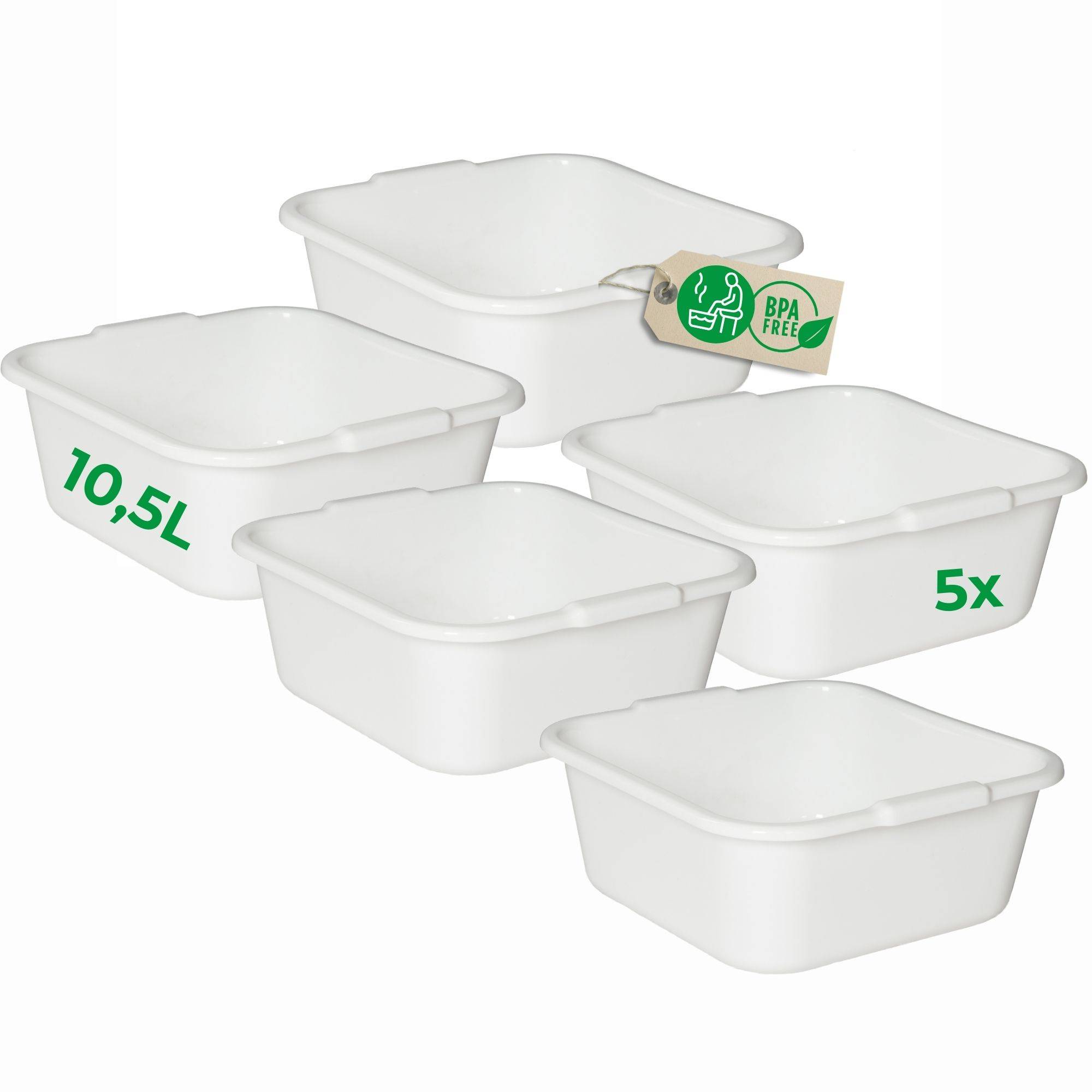 Novaliv 5x Spülschüssel eckig 10,5L, 34x34 cm, Weiß, BPA-frei & Spülmaschinenfest – Ideal für Küche und Camping, Wanne, Große Plastikschüsse