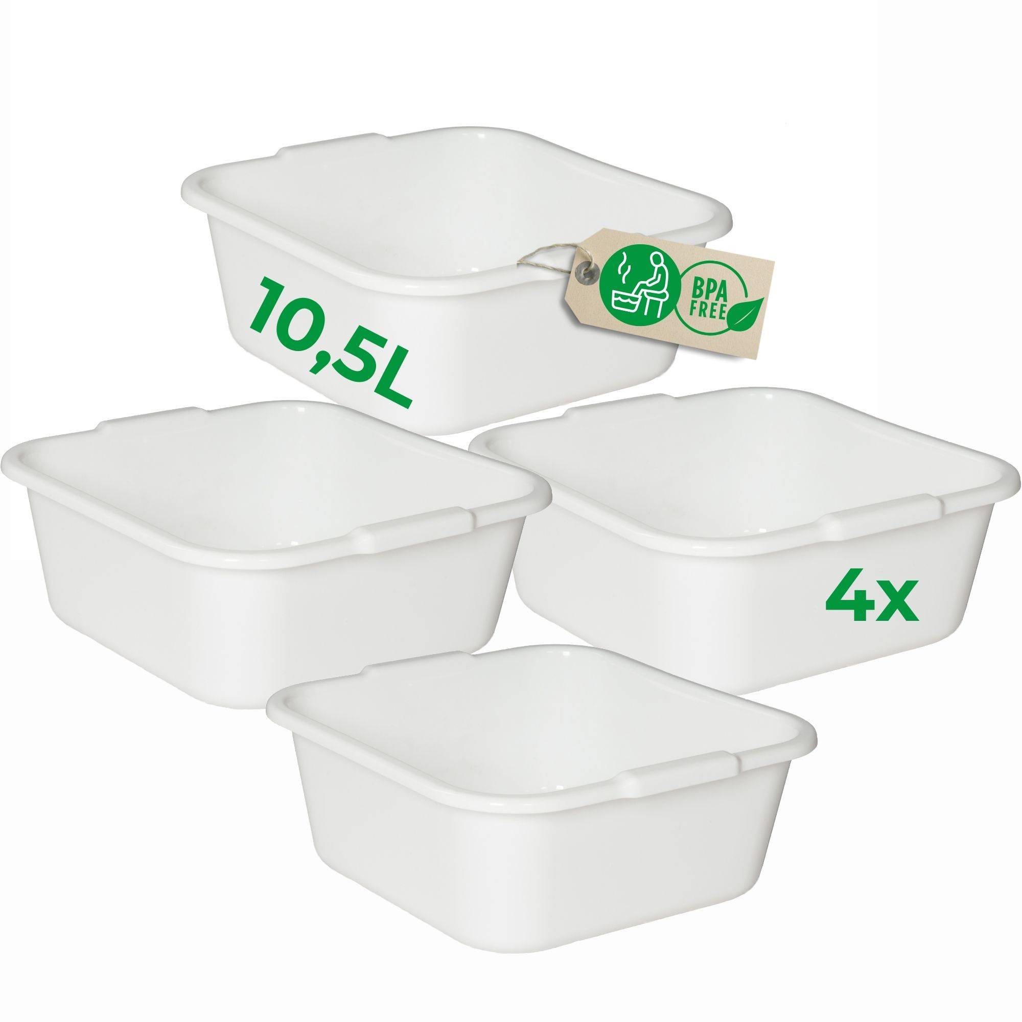 Novaliv 4x Spülschüssel eckig 10,5L, 34x34 cm, Weiß, BPA-frei & Spülmaschinenfest – Ideal für Küche und Camping, Wanne, Große Plastikschüsse