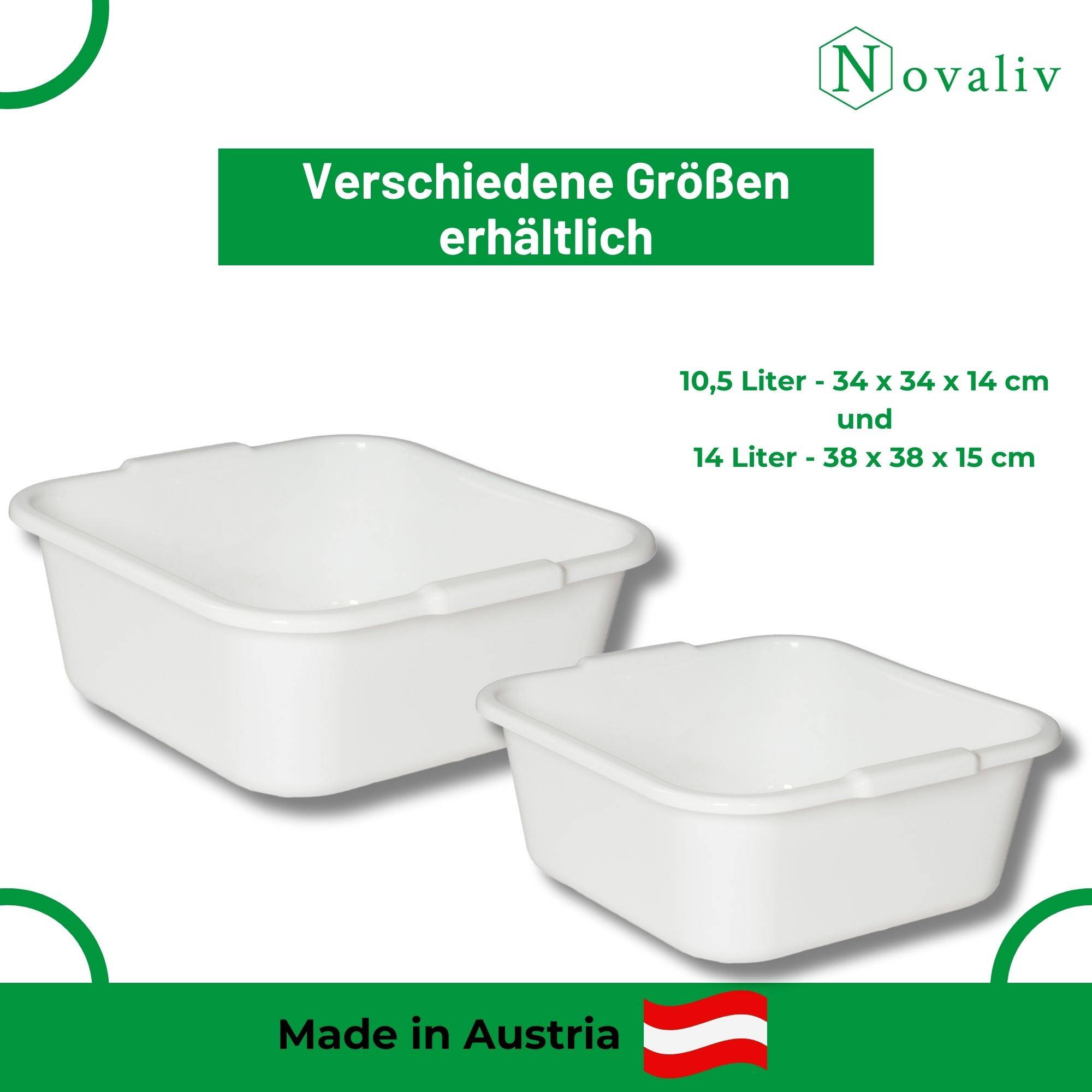 Novaliv 10x Spülschüssel eckig 14L, 38x38 cm, Weiß, BPA-frei & Spülmaschinenfest – Ideal für Küche und Camping, Wanne, Große Plastikschüssel