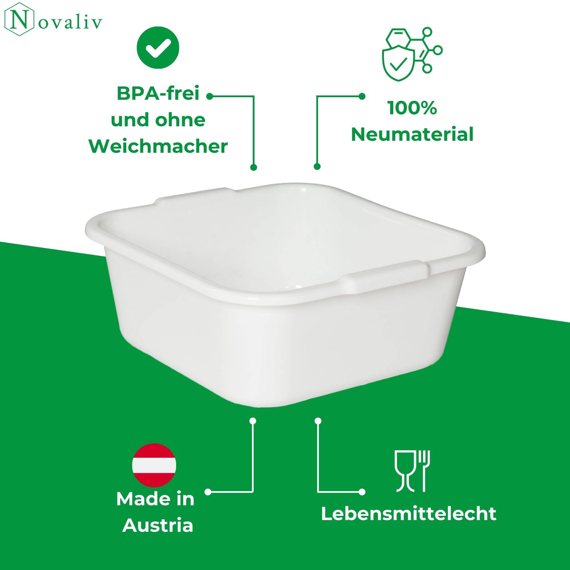 Novaliv 4x Spülschüssel eckig 14L, 38x38 cm, Weiß, BPA-frei & Spülmaschinenfest – Ideal für Küche und Camping, Wanne, Große Plastikschüssel,