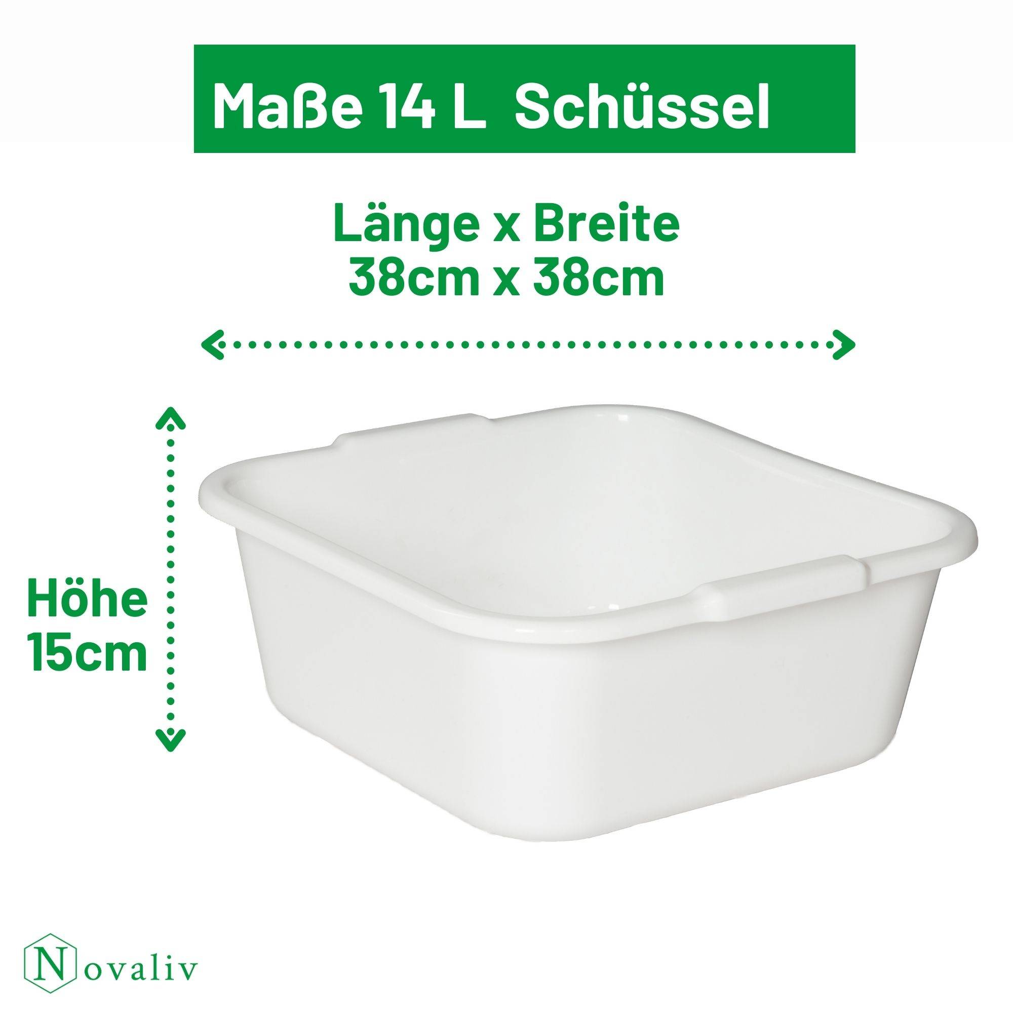 Novaliv Spülschüssel eckig 14L, 38x38 cm, Weiß, BPA-frei & Spülmaschinenfest – Ideal für Küche und Camping, Wanne, Große Plastikschüssel, Wa