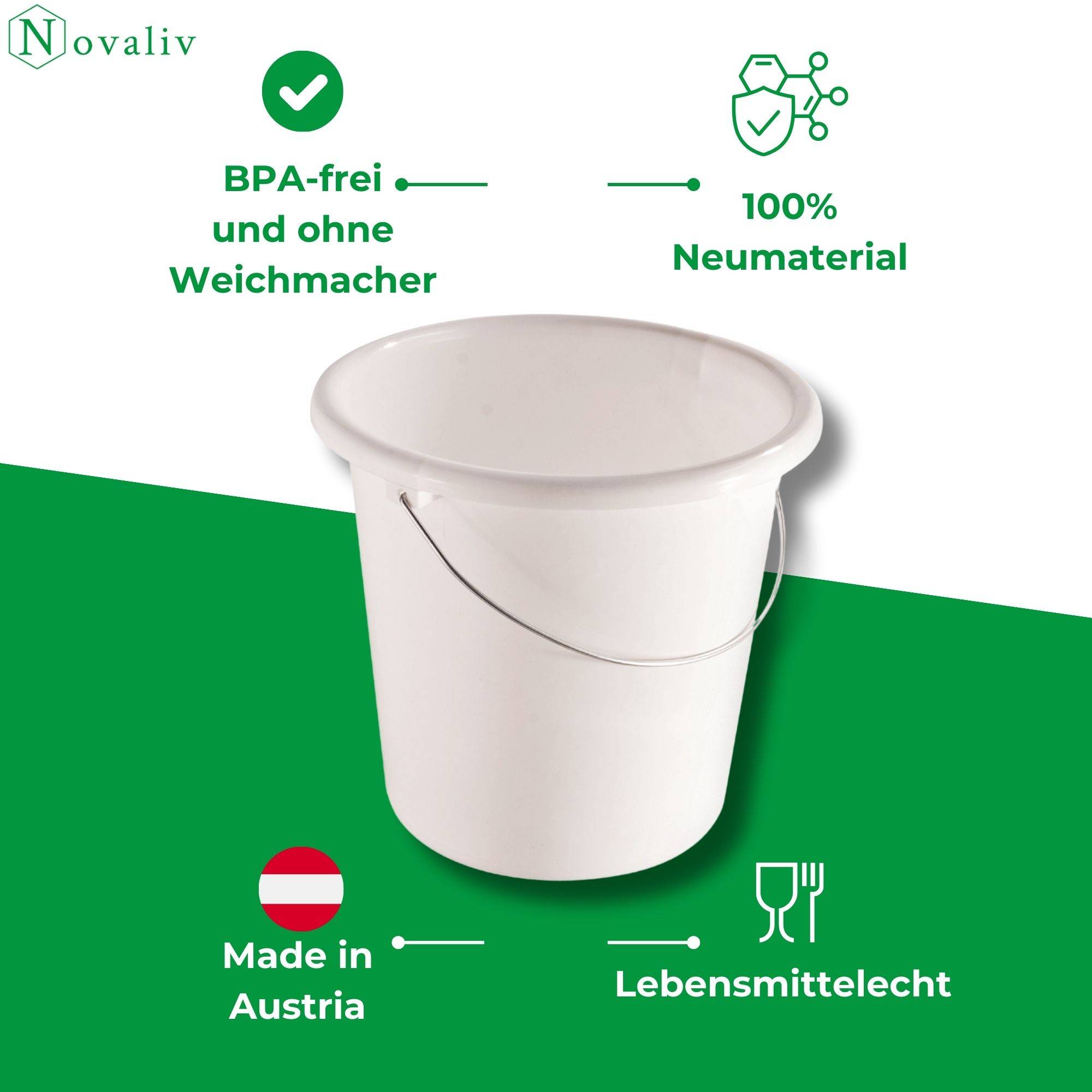Novaliv Eimer 5L Weiß mit Maßeinteilung - Putzeimer 5 Liter ⌀ 22,5 cm Praktischer Allrounder mit Skala für Haushalt & Garten ideal als Haushaltse