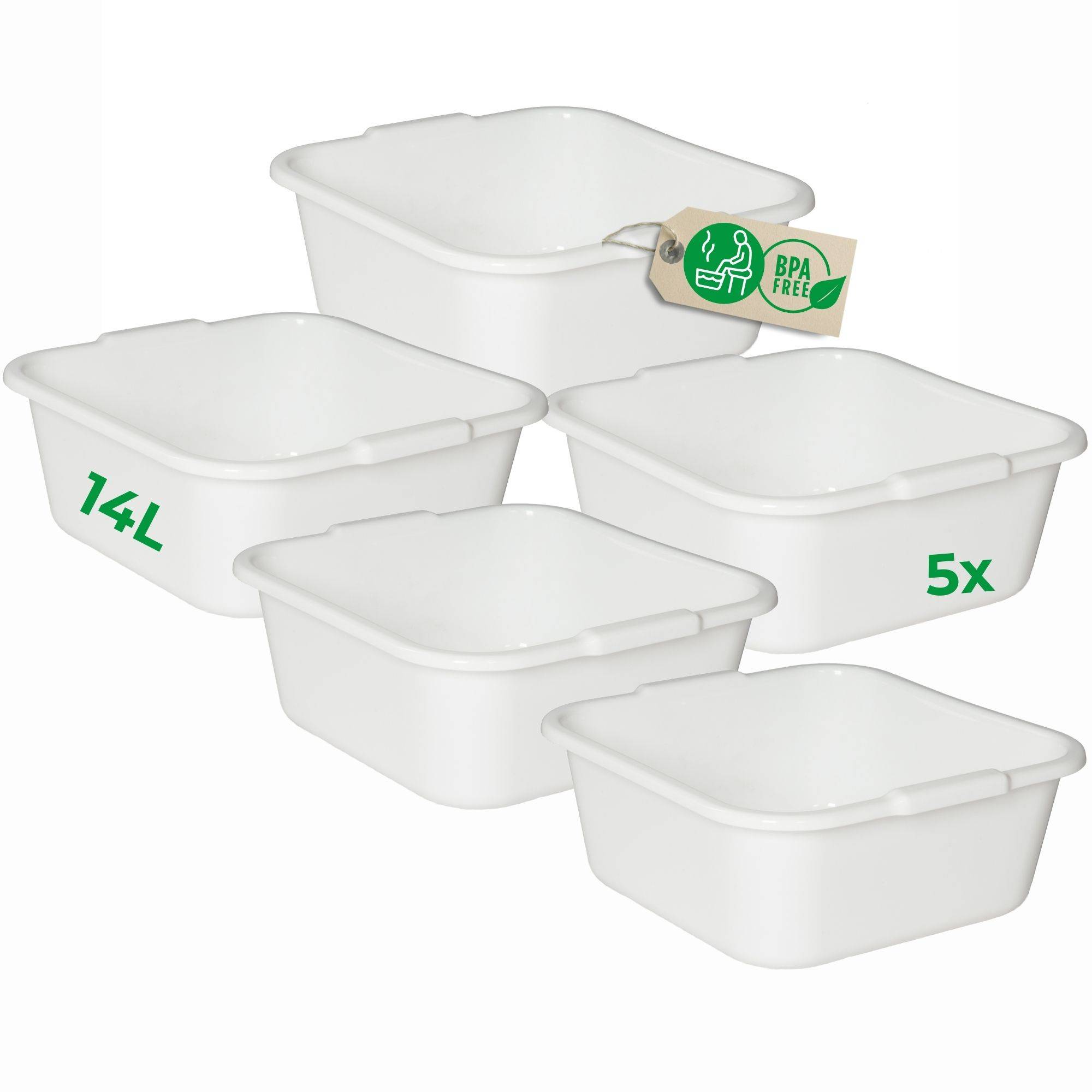 Novaliv 5x Spülschüssel eckig 14L, 38x38 cm, Weiß, BPA-frei & Spülmaschinenfest – Ideal für Küche und Camping, Wanne, Große Plastikschüssel,