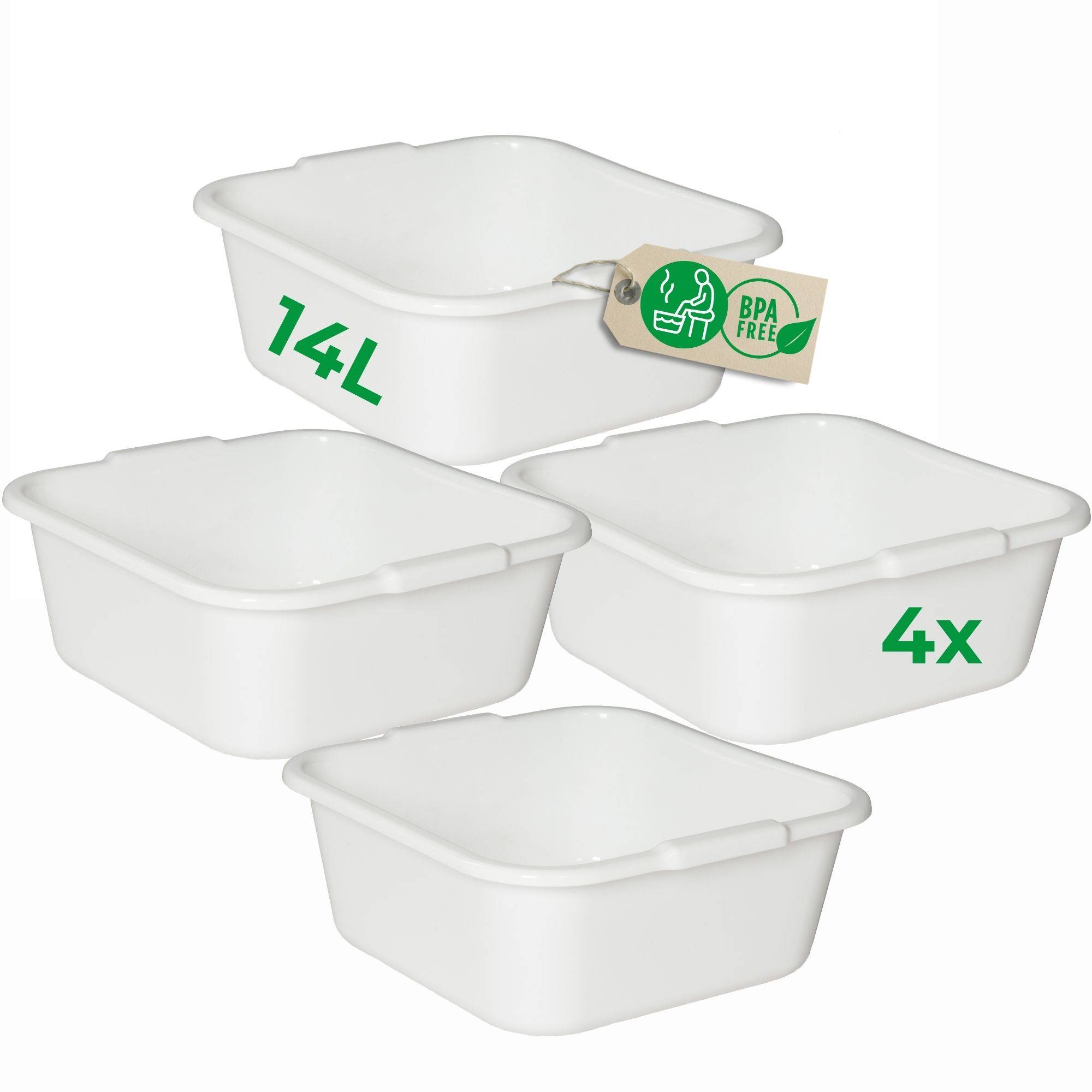 Novaliv 4x Spülschüssel eckig 14L, 38x38 cm, Weiß, BPA-frei & Spülmaschinenfest – Ideal für Küche und Camping, Wanne, Große Plastikschüssel,