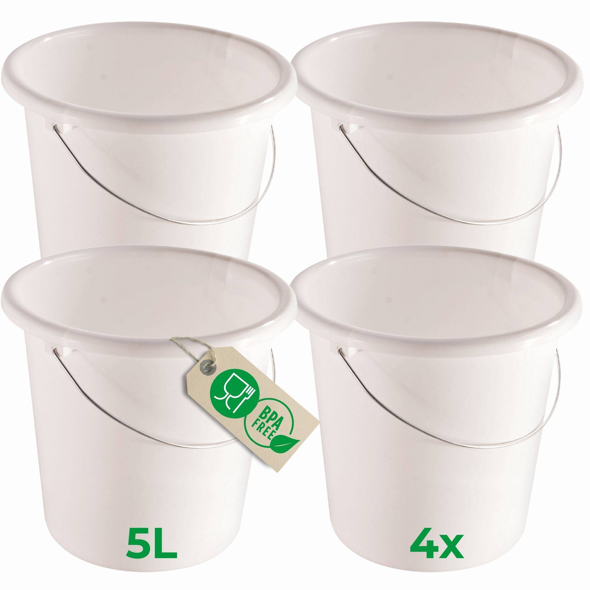 Novaliv 4 Stück Eimer 5L Weiß mit Maßeinteilung - Putzeimer 5 Liter ⌀ 22,5 cm Praktischer Allrounder mit Skala für Haushalt & Garten ideal als H