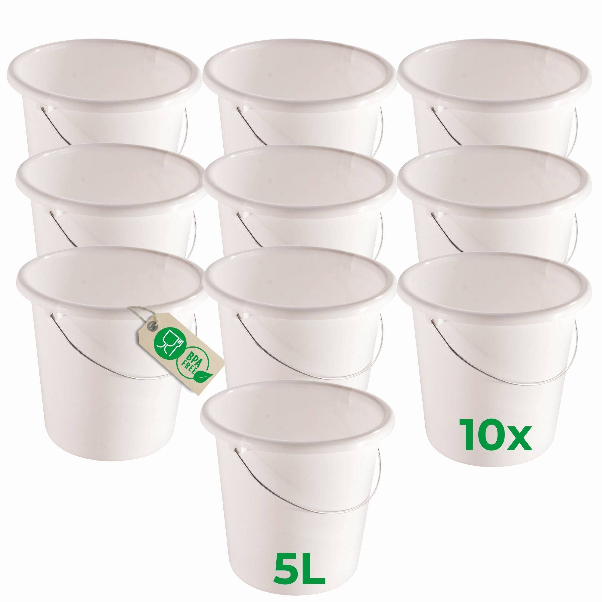 Novaliv 10 Stück Eimer 5L Weiß mit Maßeinteilung - Putzeimer 5 Liter ⌀ 22,5 cm Praktischer Allrounder mit Skala für Haushalt & Garten ideal als