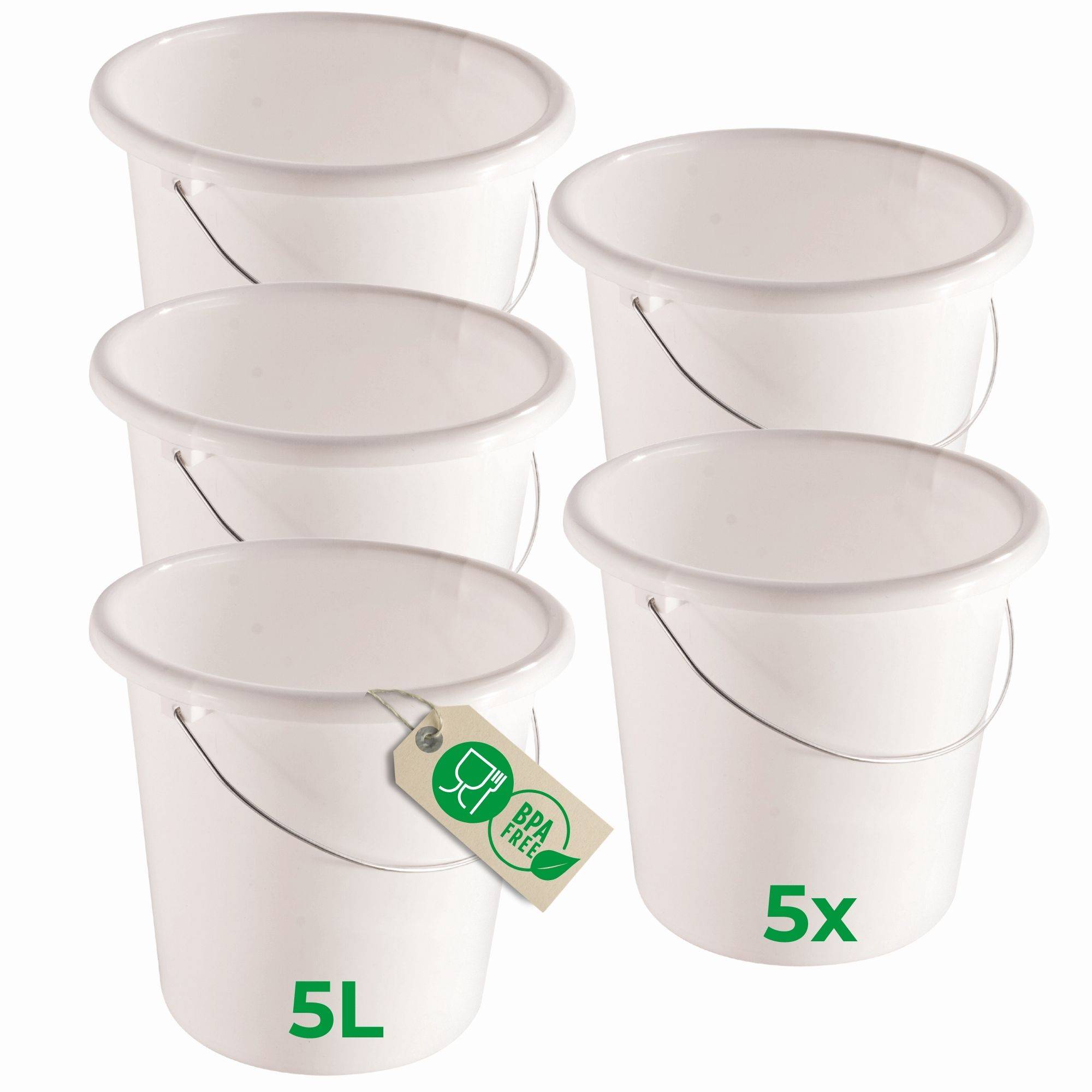 Novaliv 5 Stück Eimer 5L Weiß mit Maßeinteilung - Putzeimer 5 Liter ⌀ 22,5 cm Praktischer Allrounder mit Skala für Haushalt & Garten ideal als H
