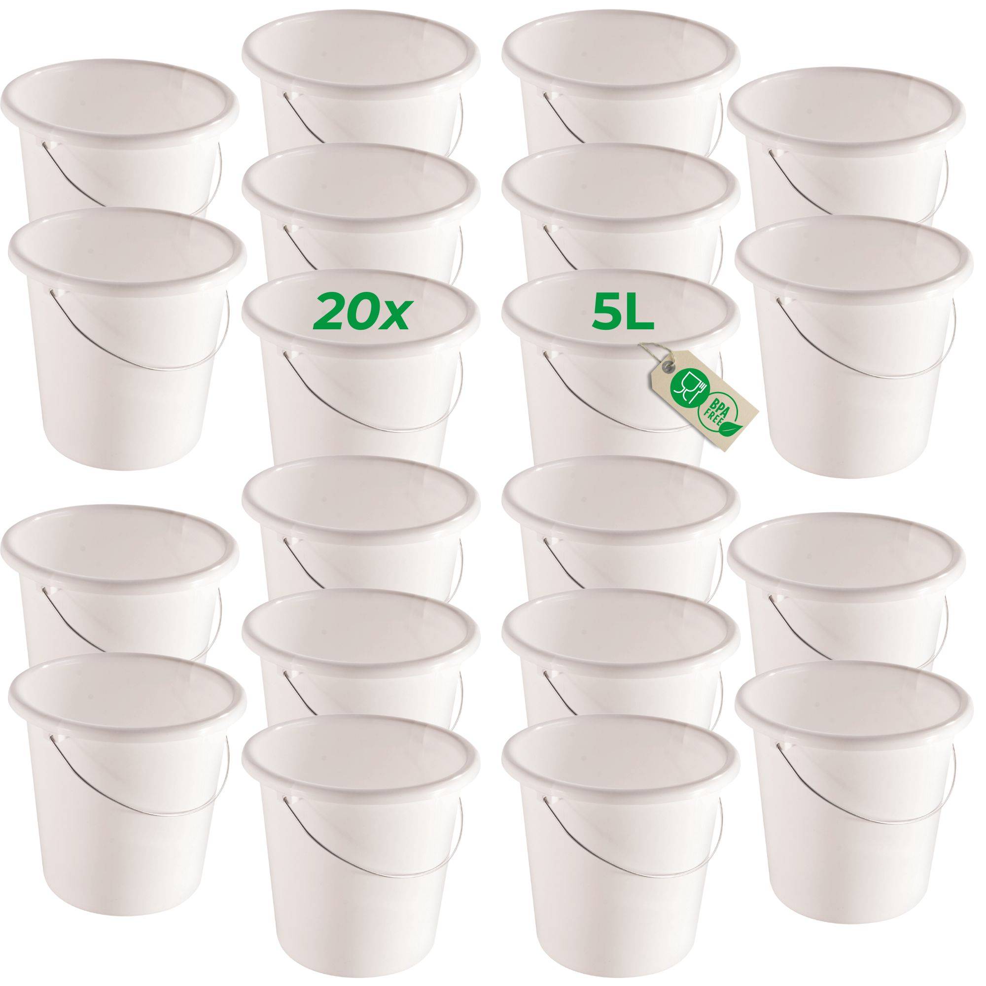 Novaliv 20 Stück Eimer 5L Weiß mit Maßeinteilung - Putzeimer 5 Liter ⌀ 22,5 cm Praktischer Allrounder mit Skala für Haushalt & Garten ideal als