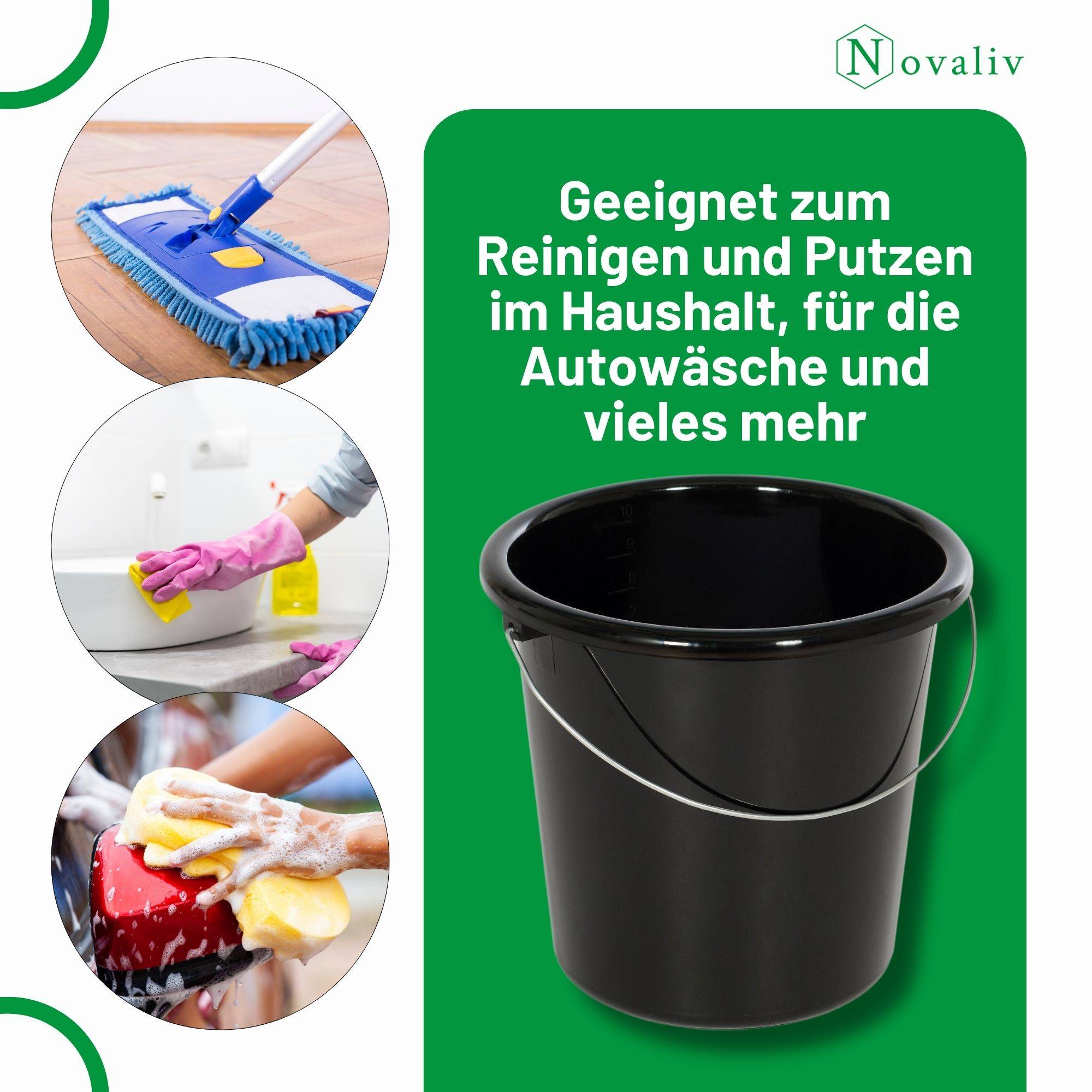 Novaliv 2 Stück Eimer 5L Schwarz mit Maßeinteilung - Putzeimer 5 Liter ⌀ 22,5 cm Praktischer Allrounder mit Skala für Haushalt & Garten ideal als