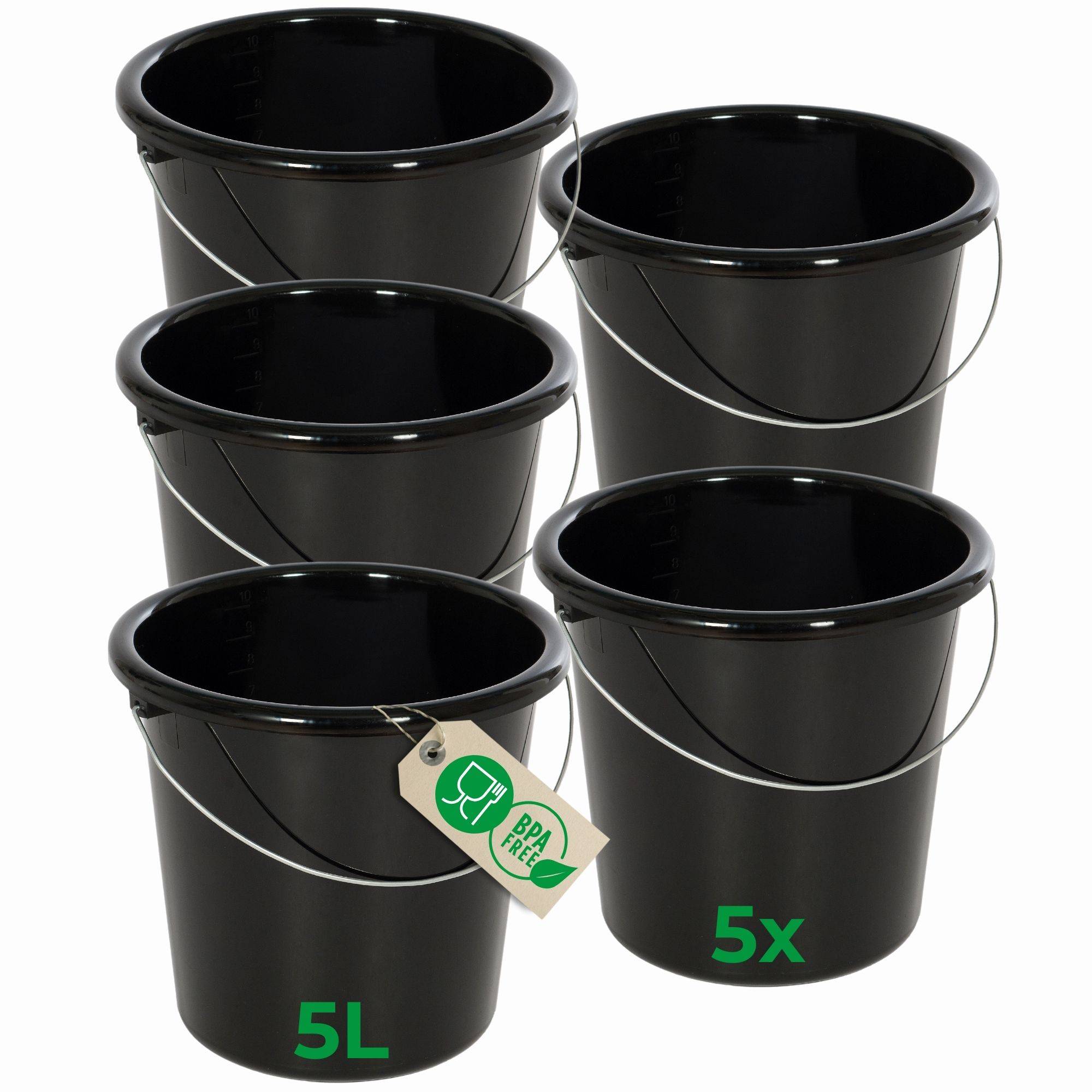 Novaliv 5 Stück Eimer 5L Schwarz mit Maßeinteilung - Putzeimer 5 Liter ⌀ 22,5 cm Praktischer Allrounder mit Skala für Haushalt & Garten ideal als