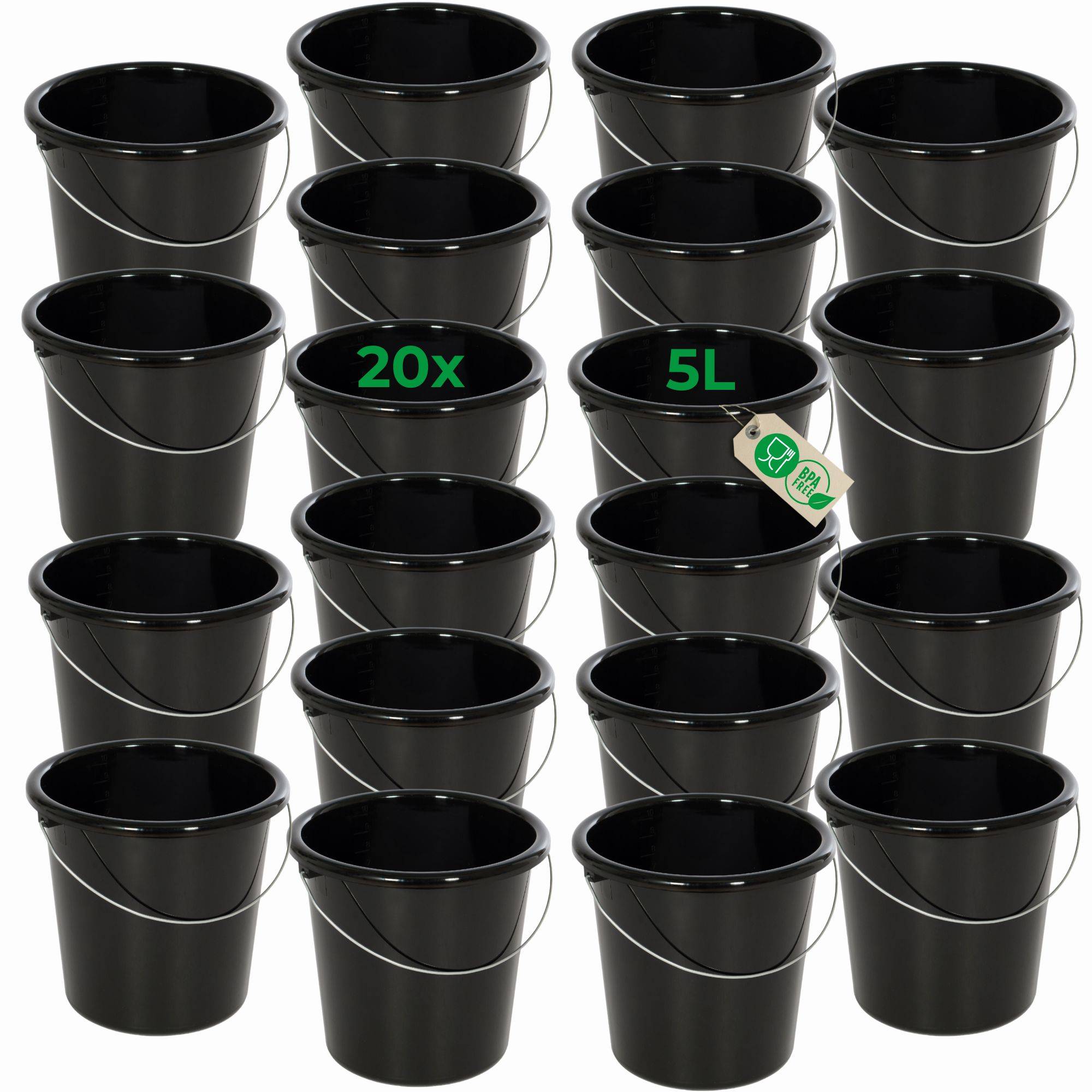 Novaliv 20 Stück Eimer 5L Schwarz mit Maßeinteilung - Putzeimer 5 Liter ⌀ 22,5 cm Praktischer Allrounder mit Skala für Haushalt & Garten ideal al