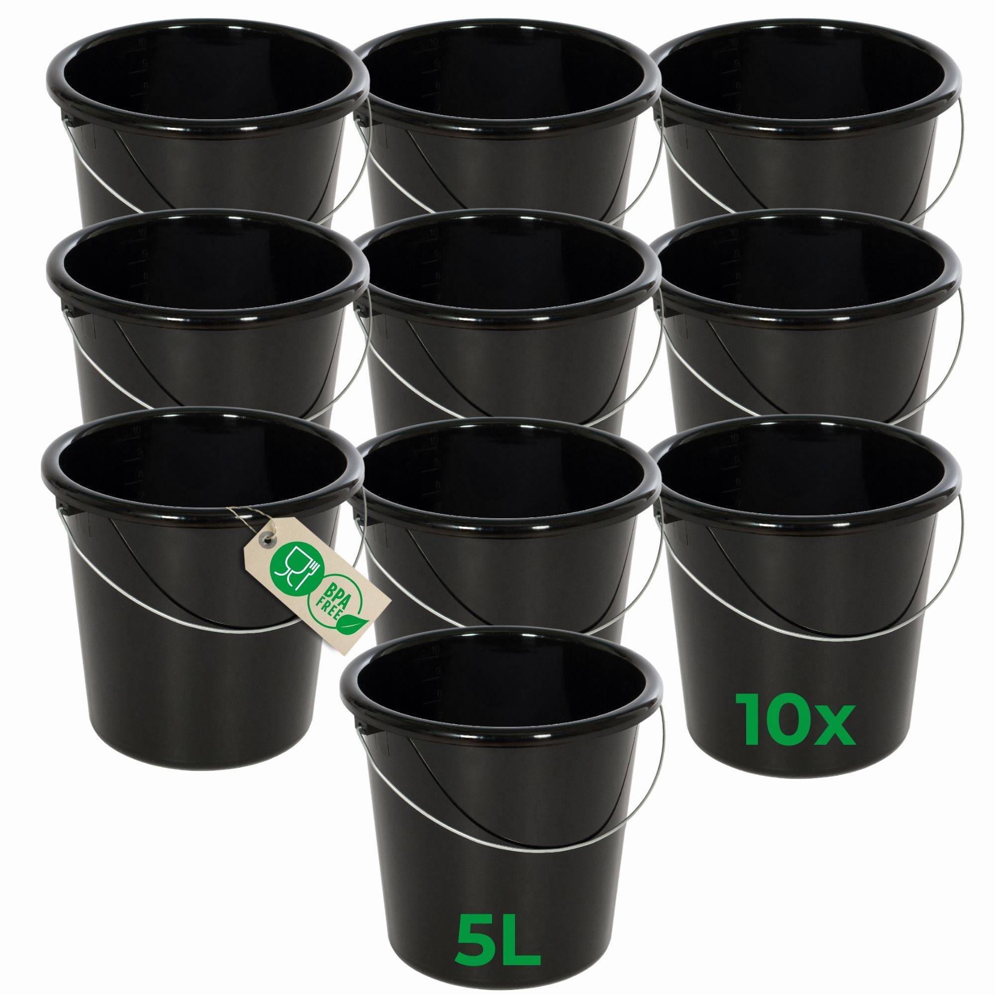 Novaliv 10 Stück Eimer 5L Schwarz mit Maßeinteilung - Putzeimer 5 Liter ⌀ 22,5 cm Praktischer Allrounder mit Skala für Haushalt & Garten ideal al