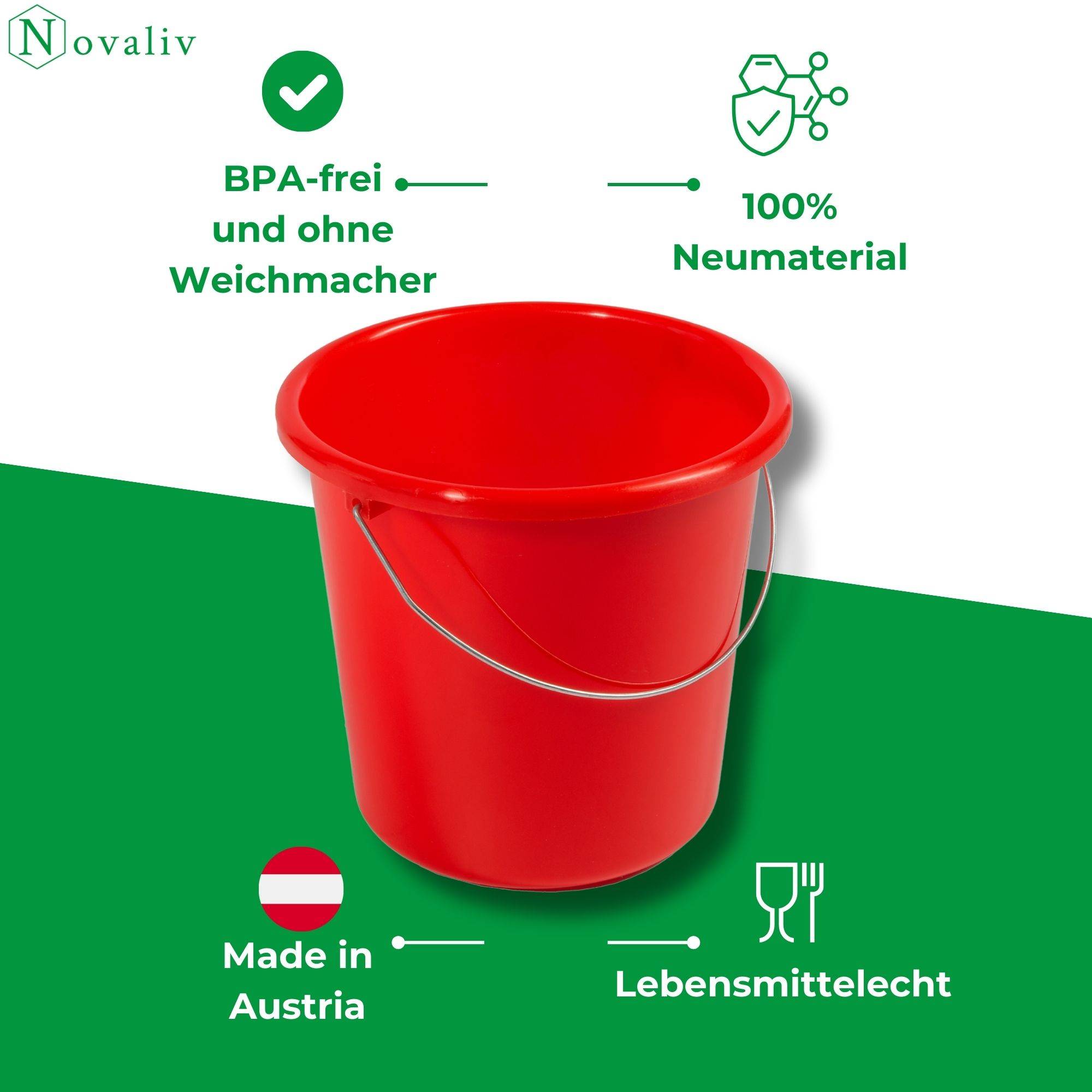 Novaliv 2 Stück Eimer 5L Rot mit Maßeinteilung - Putzeimer 5 Liter ⌀ 22,5 cm Praktischer Allrounder mit Skala für Haushalt & Garten ideal als Hau