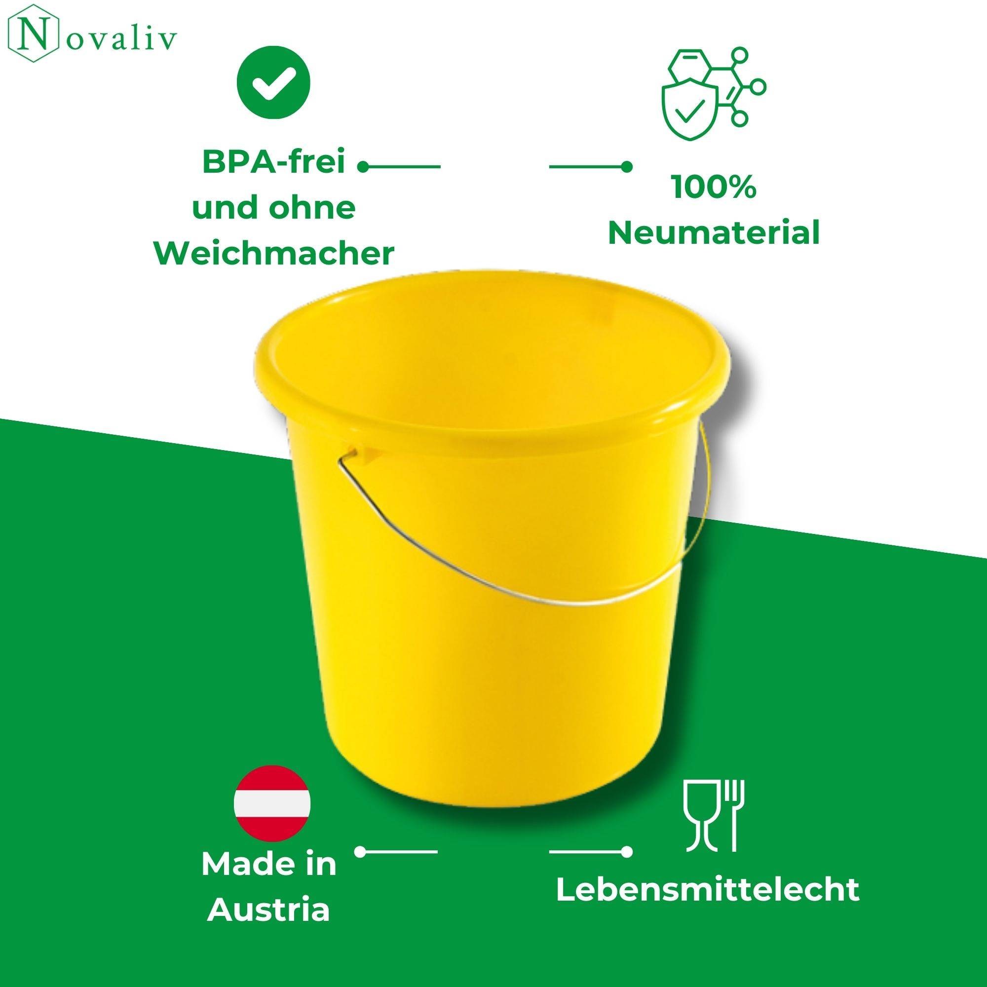 Novaliv 2 Stück Eimer 5L Gelb mit Maßeinteilung - Putzeimer 5 Liter ⌀ 22,5 cm Praktischer Allrounder mit Skala für Haushalt & Garten ideal als Ha