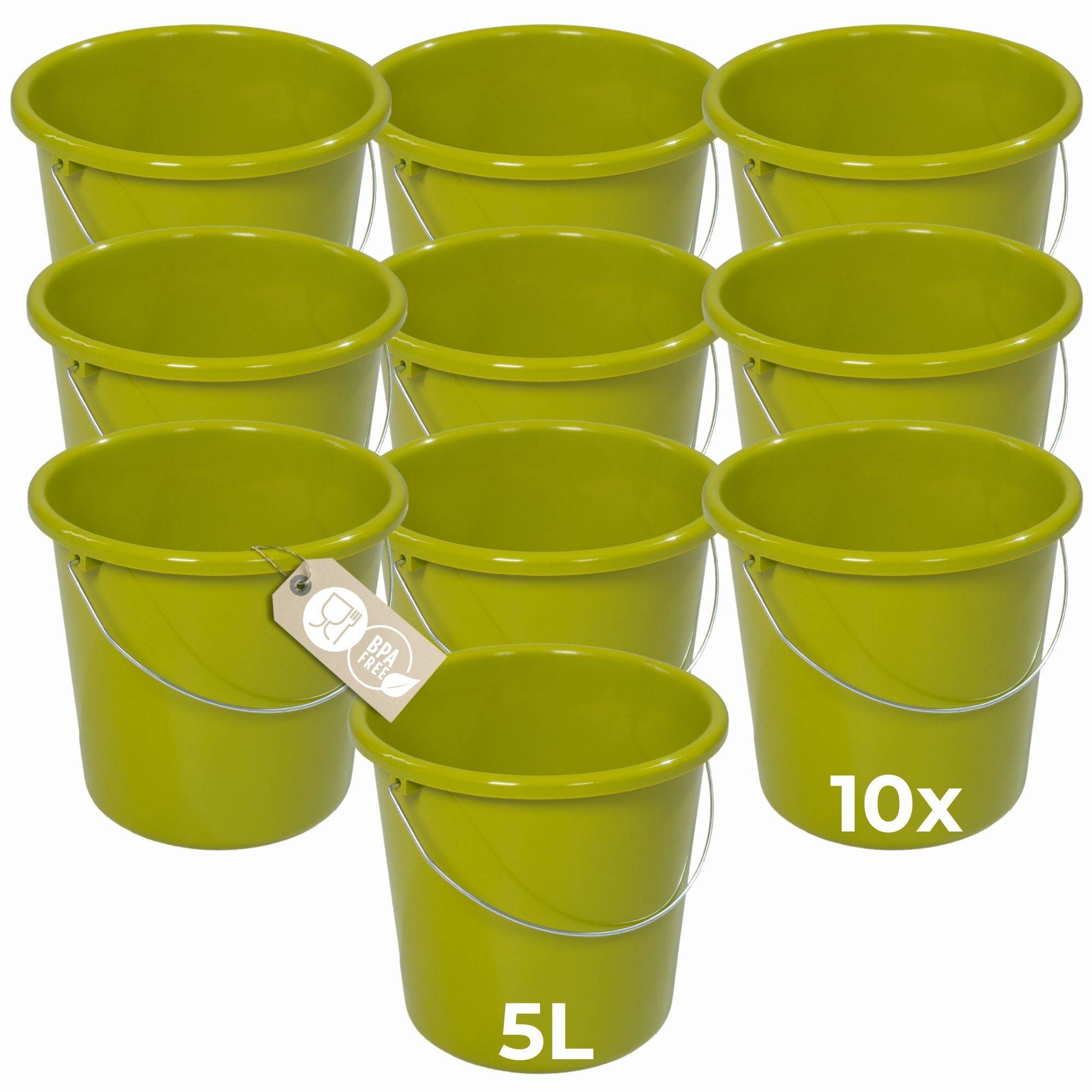 Novaliv 10 Stück Eimer 5L Grün mit Maßeinteilung - Putzeimer 5 Liter ⌀ 22,5 cm Praktischer Allrounder mit Skala für Haushalt & Garten ideal als