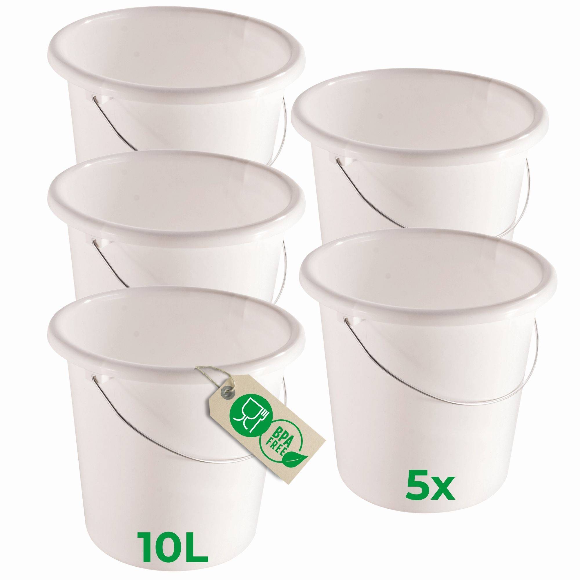 Novaliv 5 Stück Eimer 10L Weiß mit Maßeinteilung - Putzeimer 10 Liter ⌀ 28,5 cm Praktischer Allrounder mit Skala für Haushalt & Garten ideal als