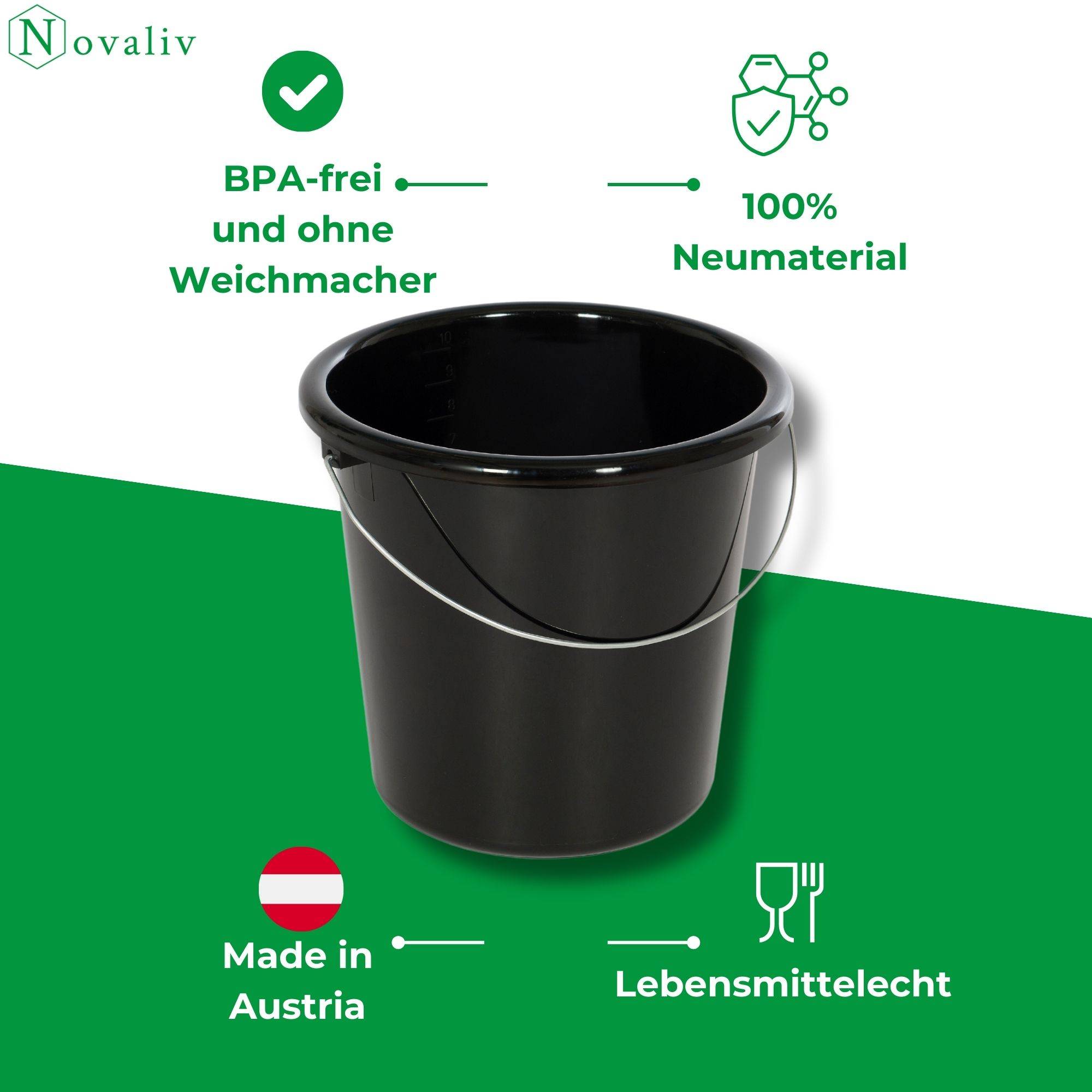 Novaliv 2 Stück Eimer 10L Schwarz mit Maßeinteilung - Putzeimer 10 Liter ⌀ 28,5 cm Praktischer Allrounder mit Skala für Haushalt & Garten ideal a