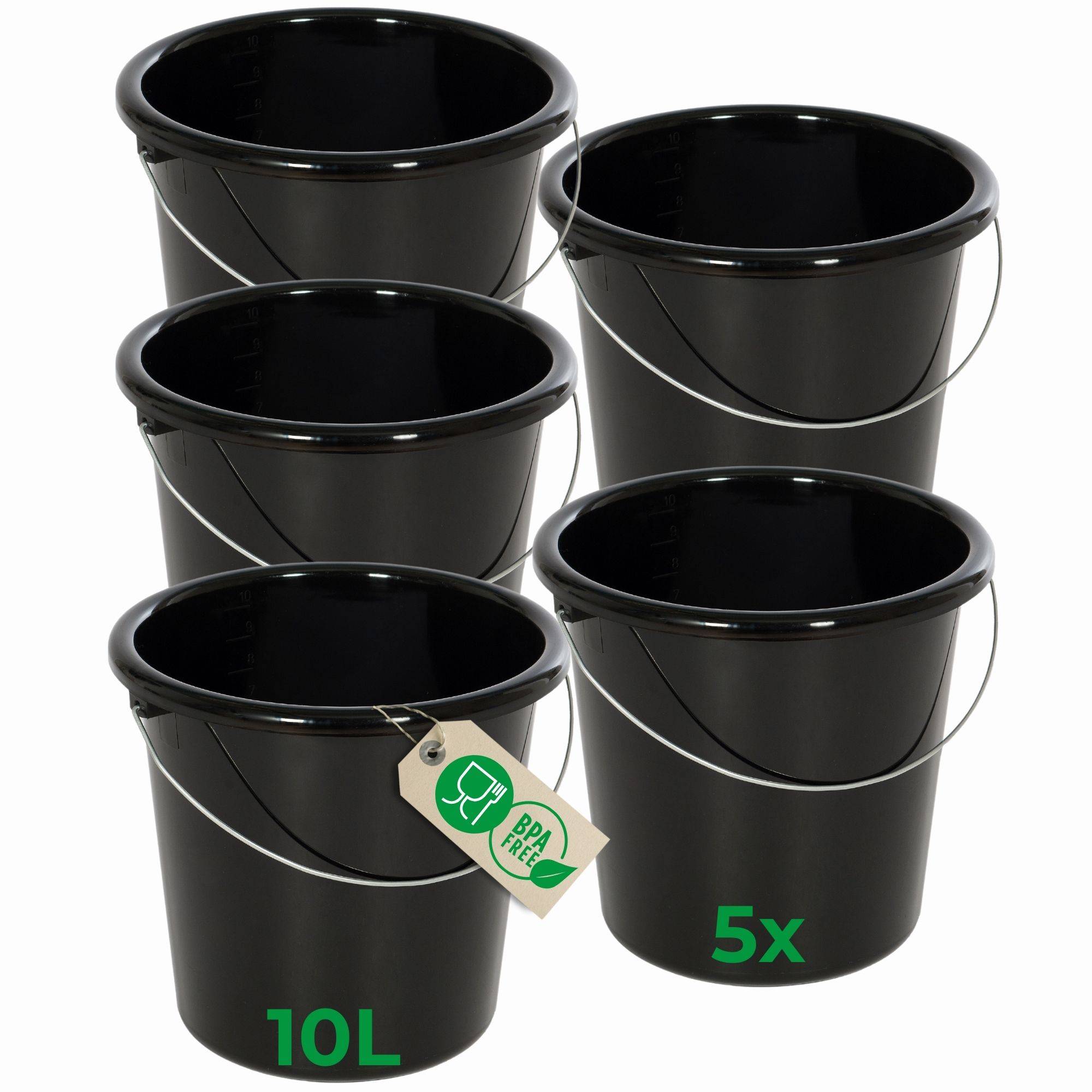 Novaliv 5 Stück Eimer 10L Schwarz mit Maßeinteilung - Putzeimer 10 Liter ⌀ 28,5 cm Praktischer Allrounder mit Skala für Haushalt & Garten ideal a