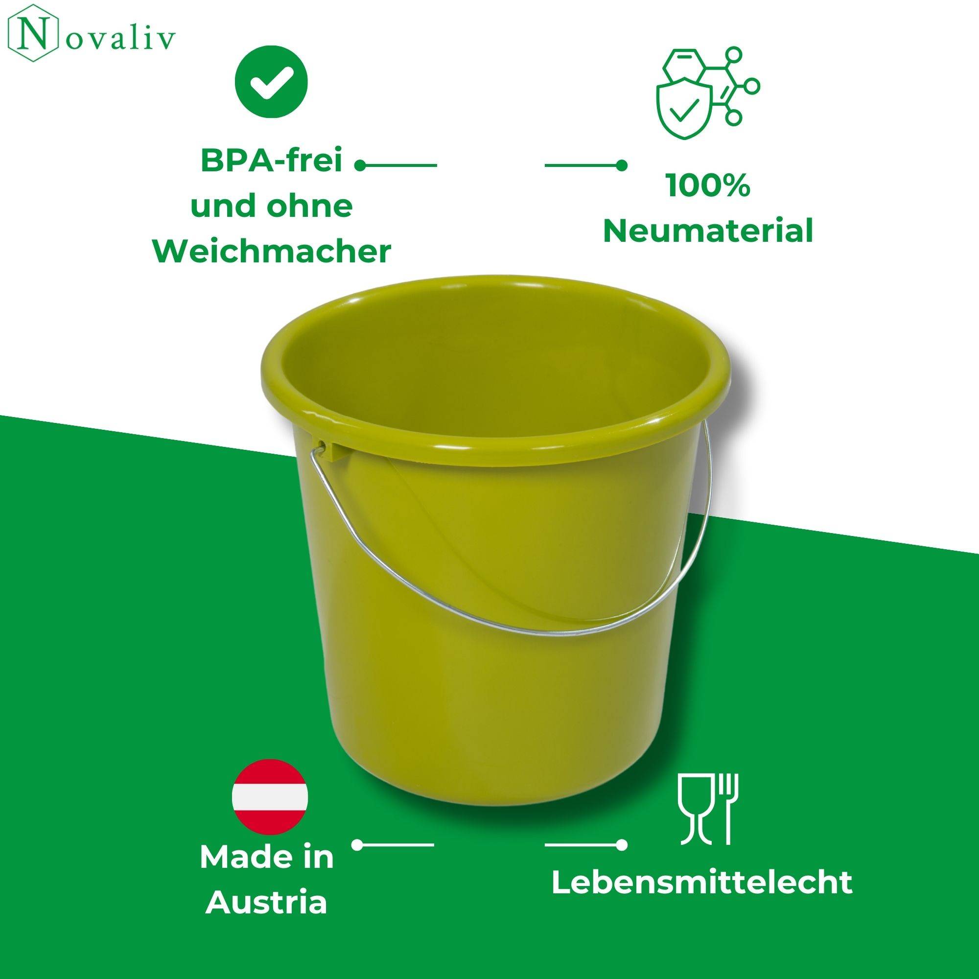 Novaliv 3 Stück Eimer 10L Grün mit Maßeinteilung - Putzeimer 10 Liter ⌀ 28,5 cm Praktischer Allrounder mit Skala für Haushalt & Garten ideal als