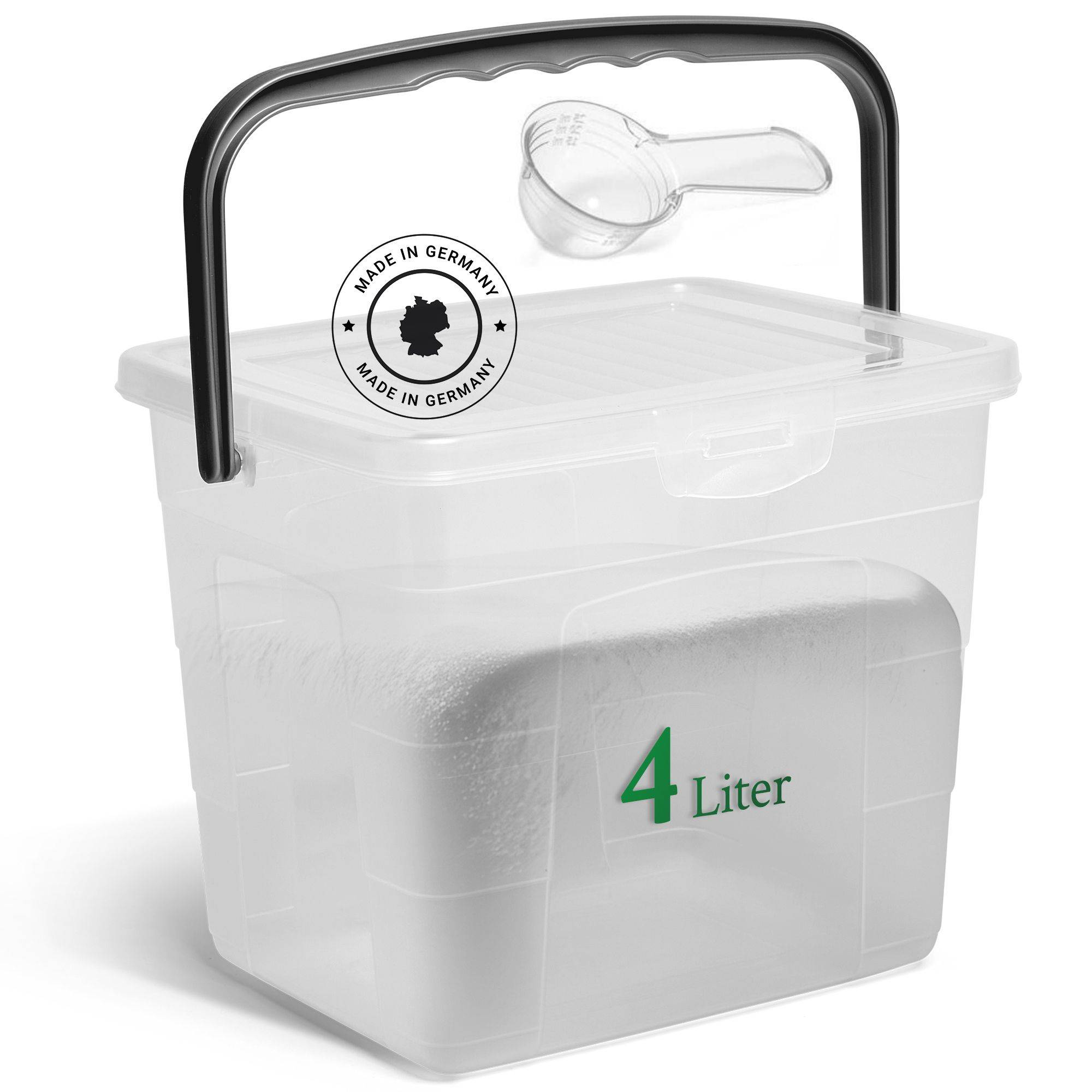 Novaliv Waschmittelbox mit Deckel 4 Liter Transparent und Dosierlöffel 23,5 x 18 x 18,5 cm Box Waschpulver Aufbewahrungsbox mit Henkel Waschmittel