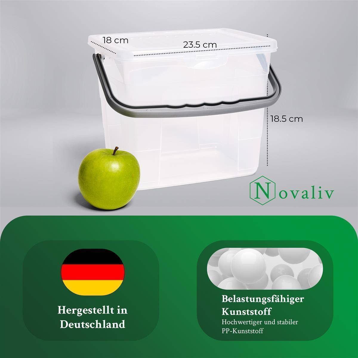 Novaliv Waschmittelbox mit Deckel 4 Liter Transparent und Dosierlöffel 23,5 x 18 x 18,5 cm Box Waschpulver Aufbewahrungsbox mit Henkel Waschmittel