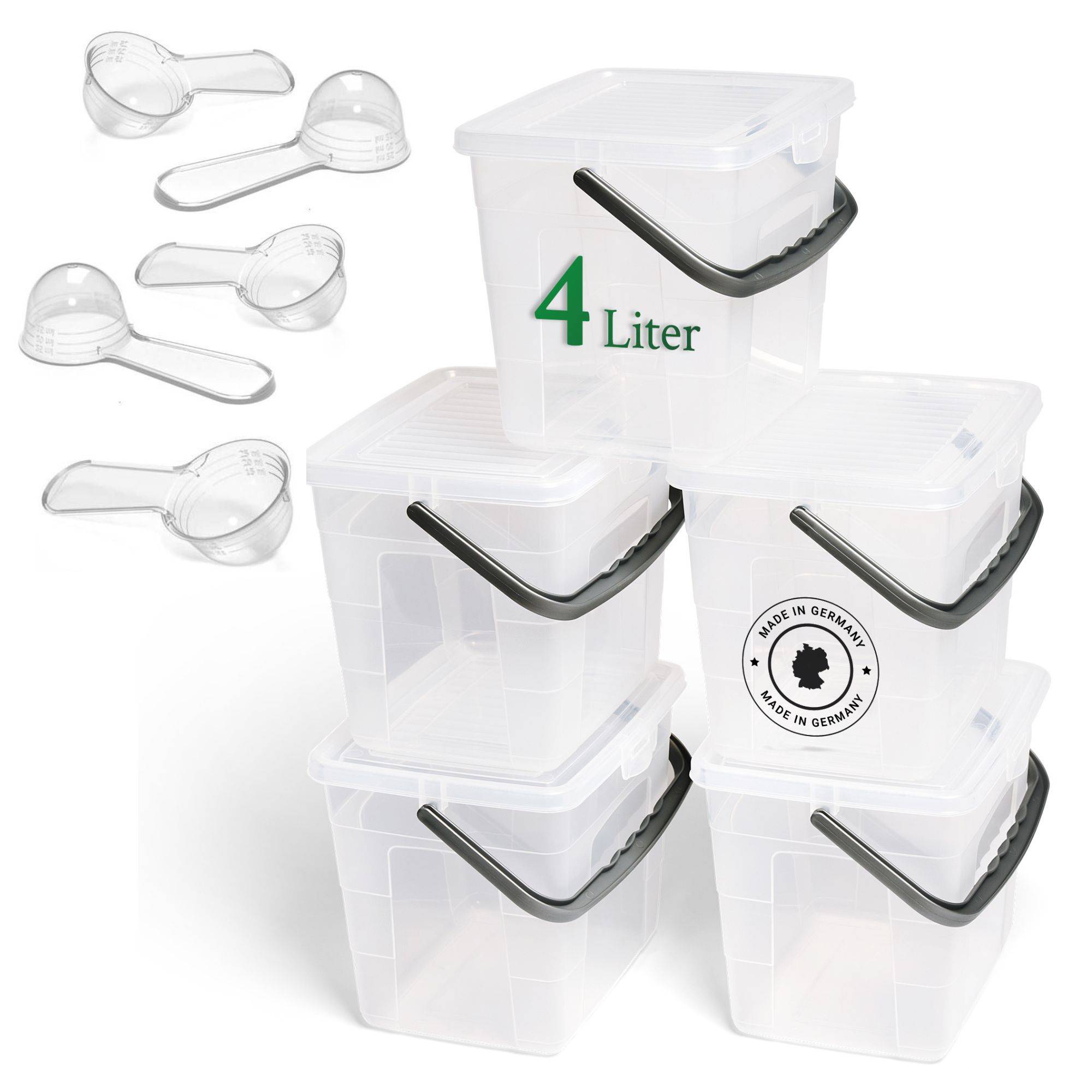 Novaliv 5x Waschmittelbox mit Deckel 4 Liter Transparent und Dosierlöffel 23,5 x 18 x 18,5 cm Waschpulver Aufbewahrungsbox mit Henkel Waschmittel